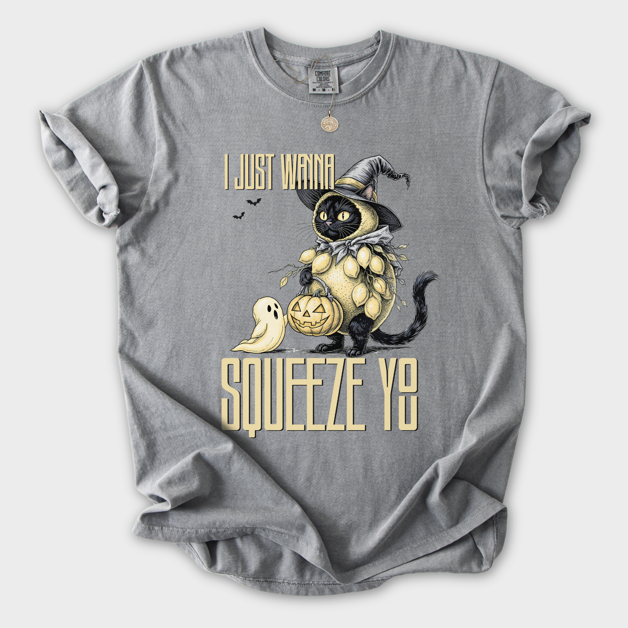 Line Art I Just Wanna Squeeze You Lemon Trick-or-Treater Cat Line Art Comfort Colors T-Shirt in Gray-T-Shirt-Grey-S-Fetch N Found