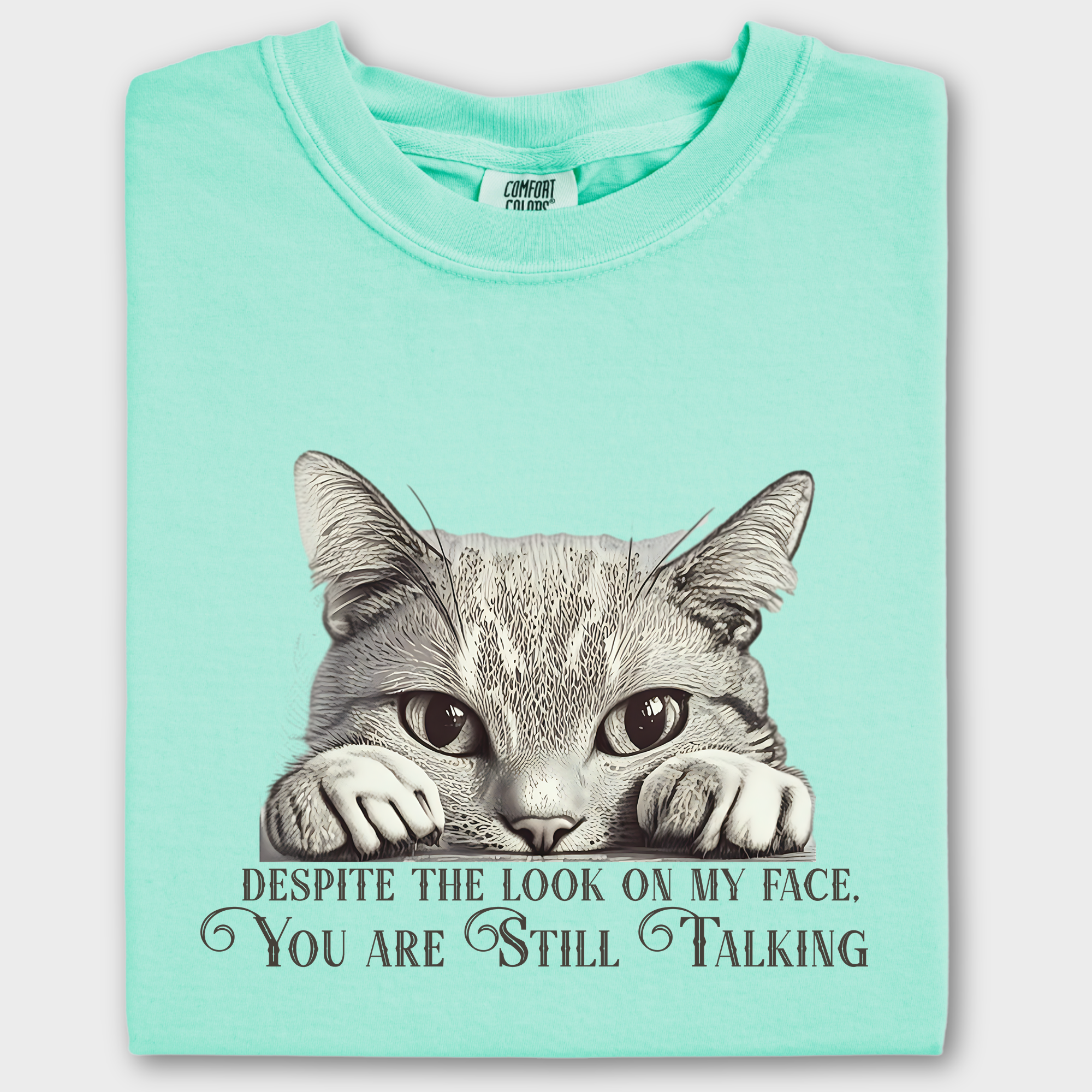 Vintage Still Talking Cat Line Art Comfort Colors T-Shirt in Island Reef-Fetch N Found