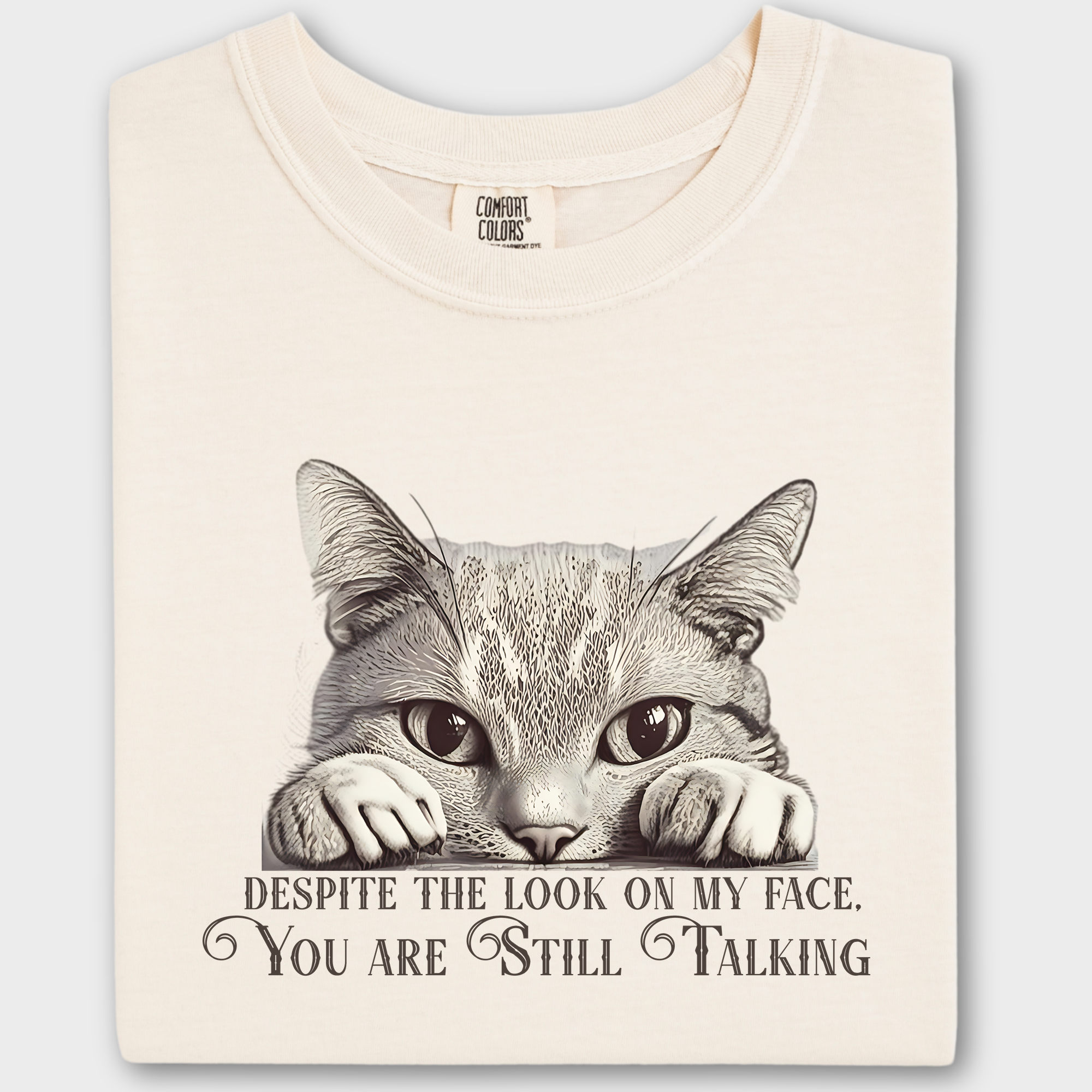 Vintage Still Talking Cat Line Art Comfort Colors T-Shirt in Ivory-Fetch N Found