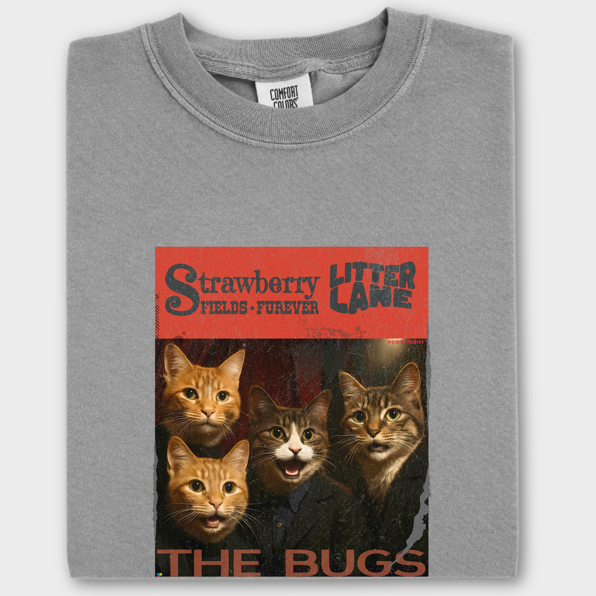 Vintage Strawberry Fields Furever Litter Lane Famous Cat Musician Album Cover Cat Graphic Comfort Colors T-Shirt in Gray-T-Shirt-Gray-Fetch N Found