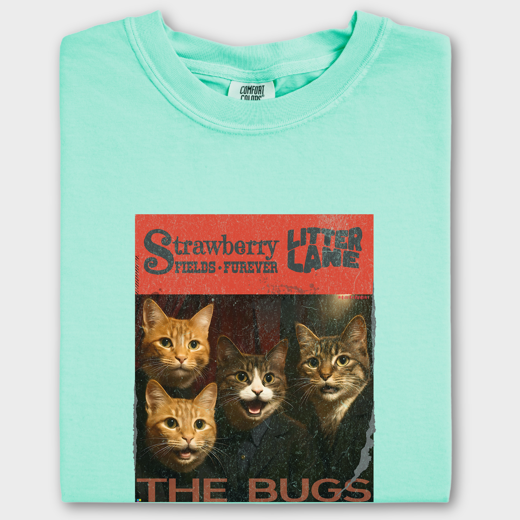 Vintage Strawberry Fields Furever Litter Lane Famous Cat Musician Album Cover Cat Graphic Comfort Colors T-Shirt in Island Reef-T-Shirt-Island Reef-Fetch N Found