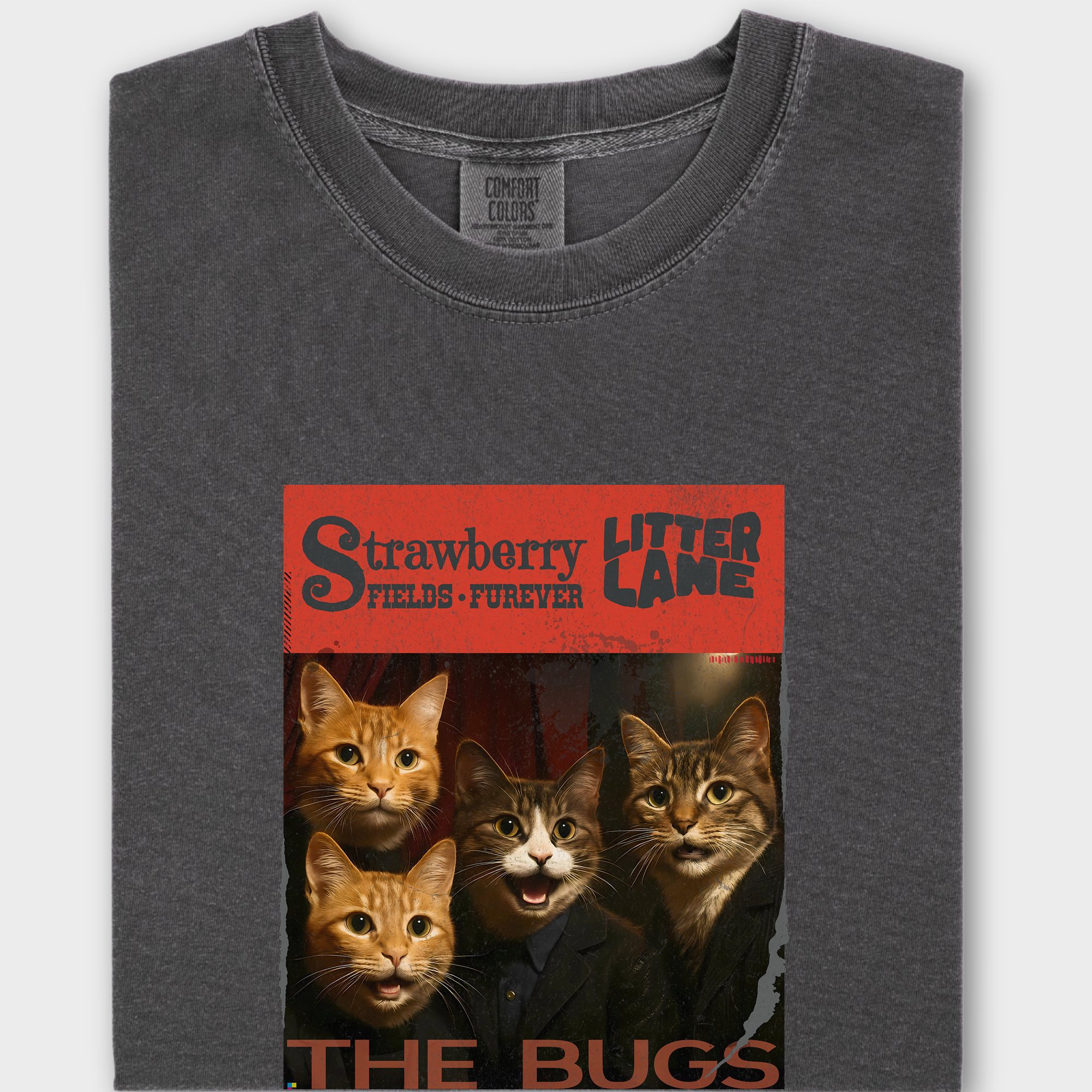 Vintage Strawberry Fields Furever Litter Lane Famous Cat Musician Album Cover Cat Graphic Comfort Colors T-Shirt in Pepper-T-Shirt-Pepper-Fetch N Found