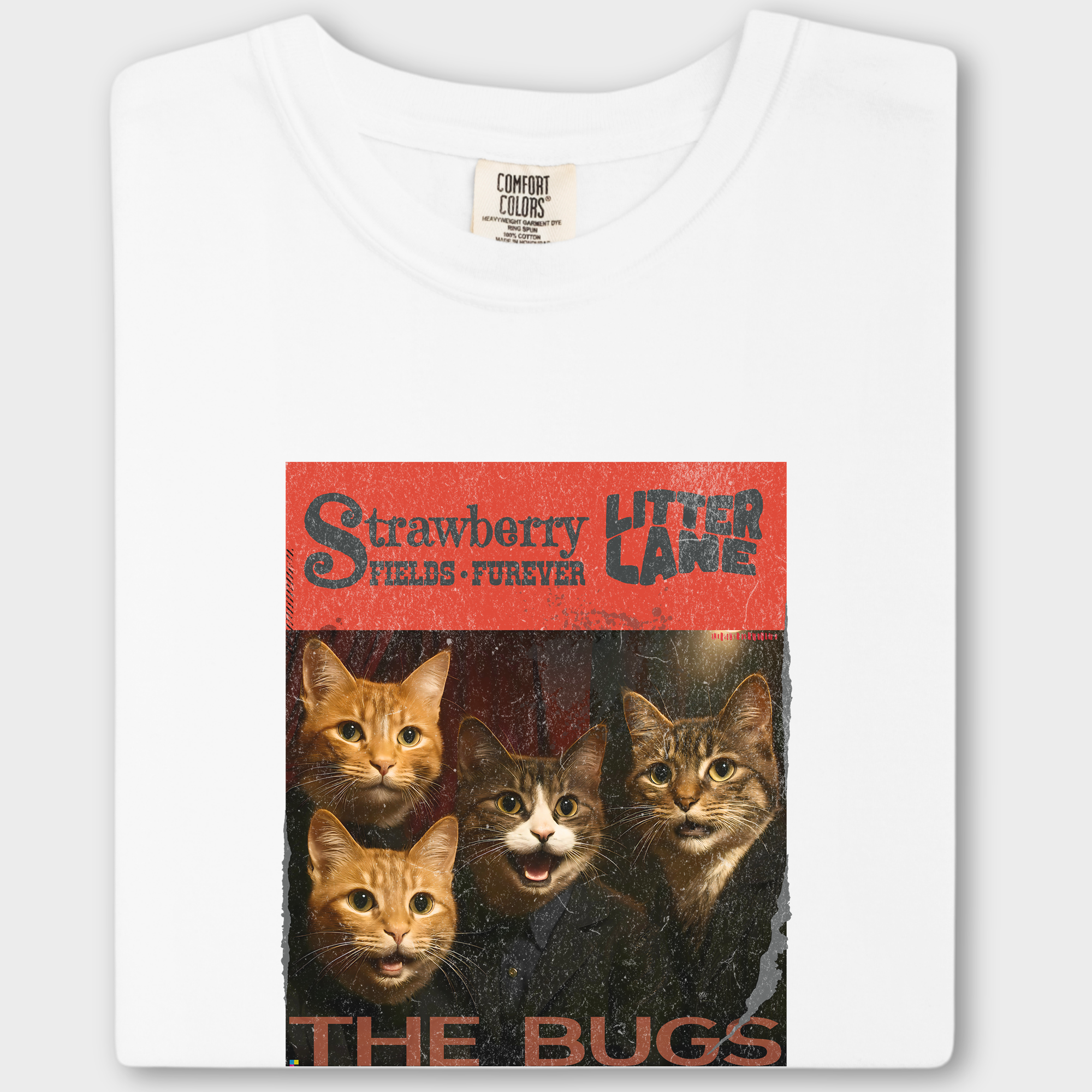 Vintage Strawberry Fields Furever Litter Lane Famous Cat Musician Album Cover Cat Graphic Comfort Colors T-Shirt in White-T-Shirt-White-Fetch N Found
