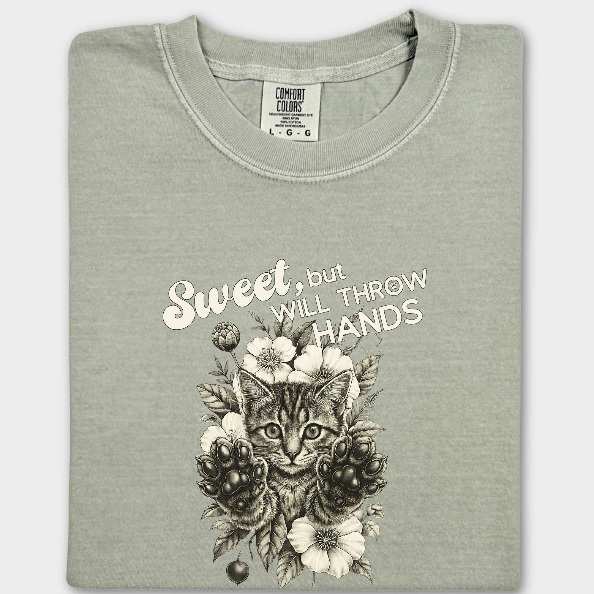 Western Sweet But Will Throw Hands Cat Line Art Comfort Colors T-Shirt in Khaki-T-Shirt-Khaki-Fetch N Found