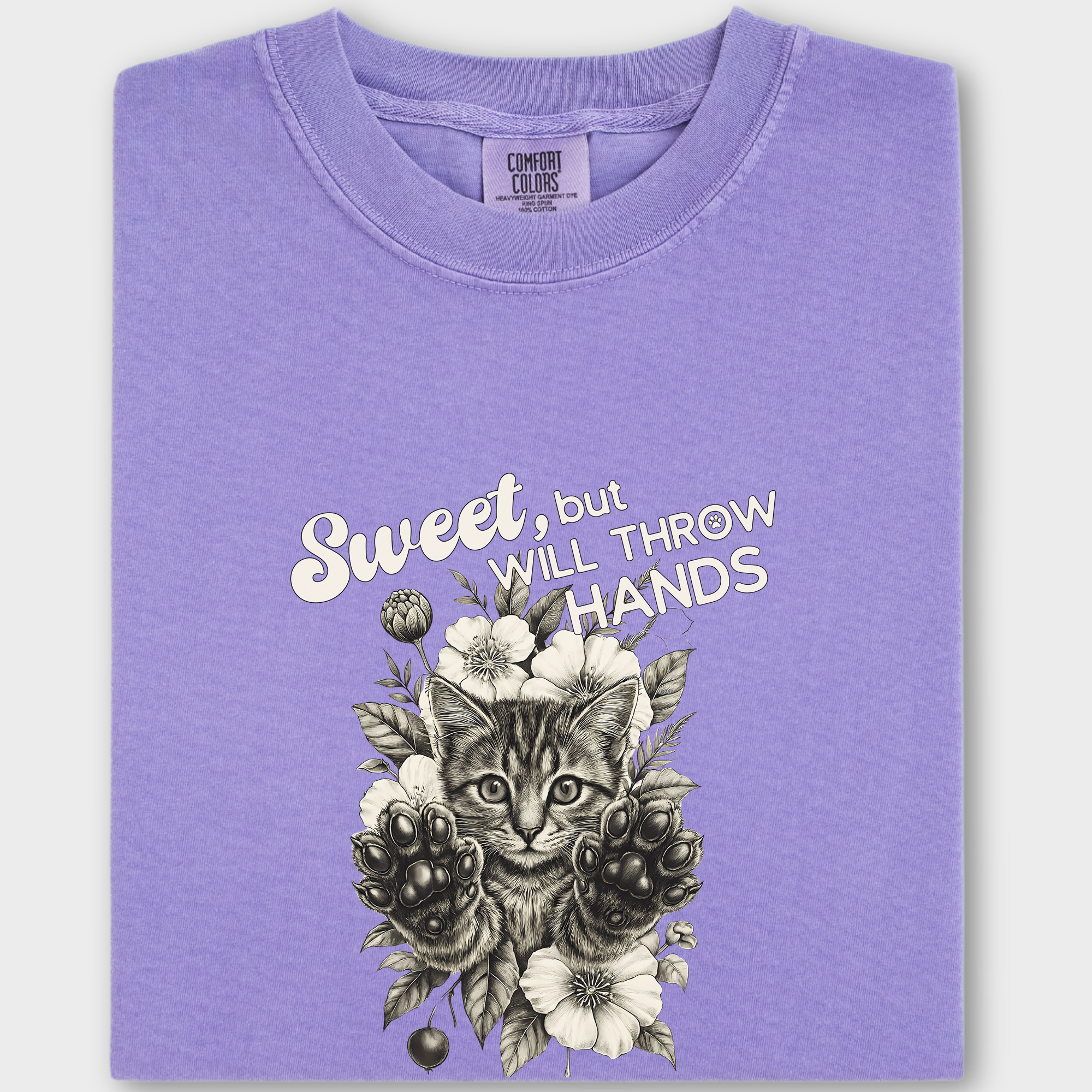 Minimalist Sweet But Will Throw Hands Cat Text Comfort Colors T-Shirt in Violet-T-Shirt-Violet-Fetch N Found