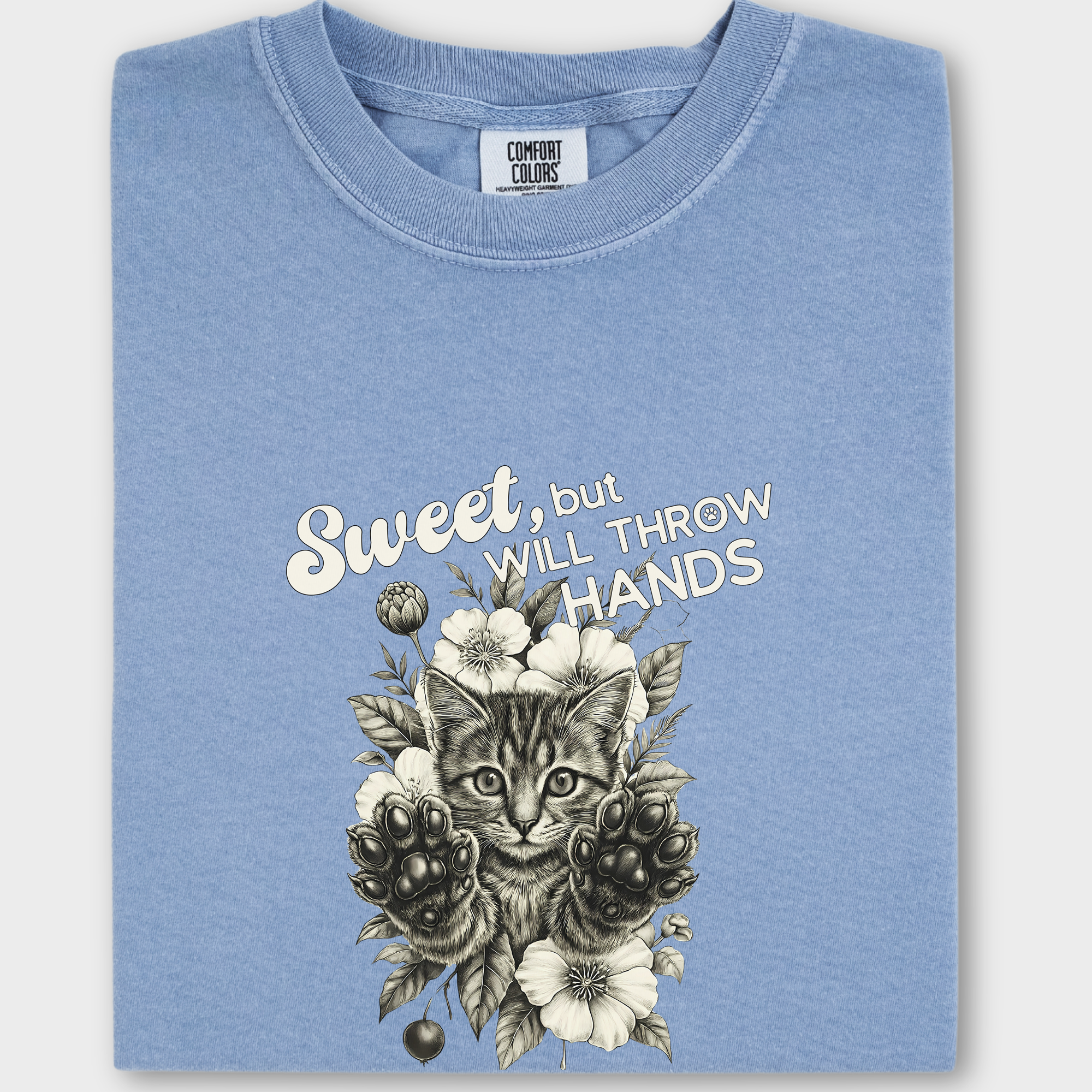 Western Sweet But Will Throw Hands Cat Line Art Comfort Colors T-Shirt in Washed Denim-T-Shirt-Washed Denim-Fetch N Found