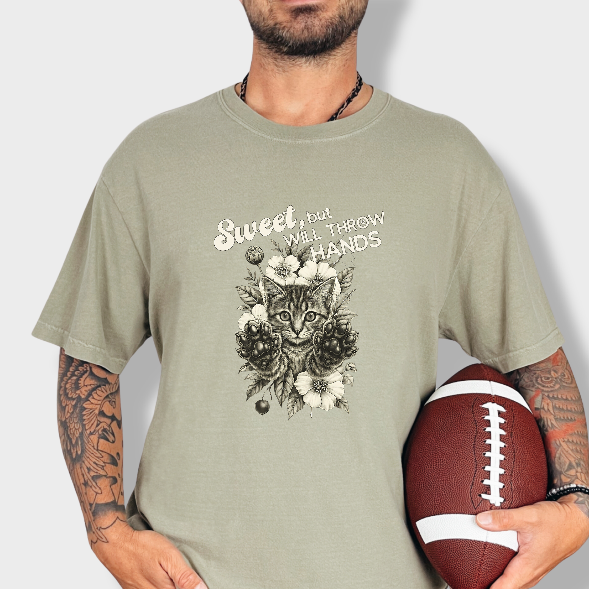 Western Sweet But Will Throw Hands Cat Line Art Comfort Colors T-Shirt in Khaki-T-Shirt-Khaki-Fetch N Found