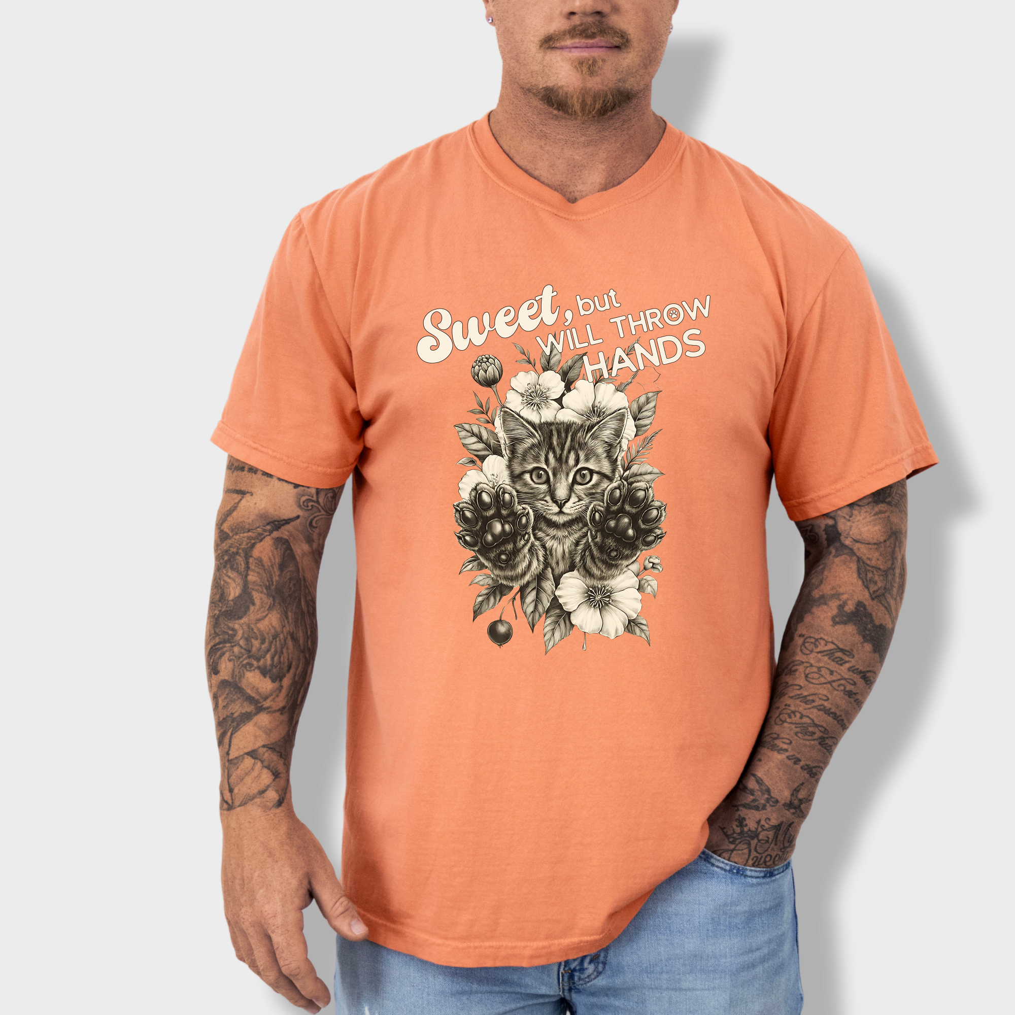 Western Sweet But Will Throw Hands Cat Line Art Comfort Colors T-Shirt in Terracotta-T-Shirt-Terracotta-Fetch N Found