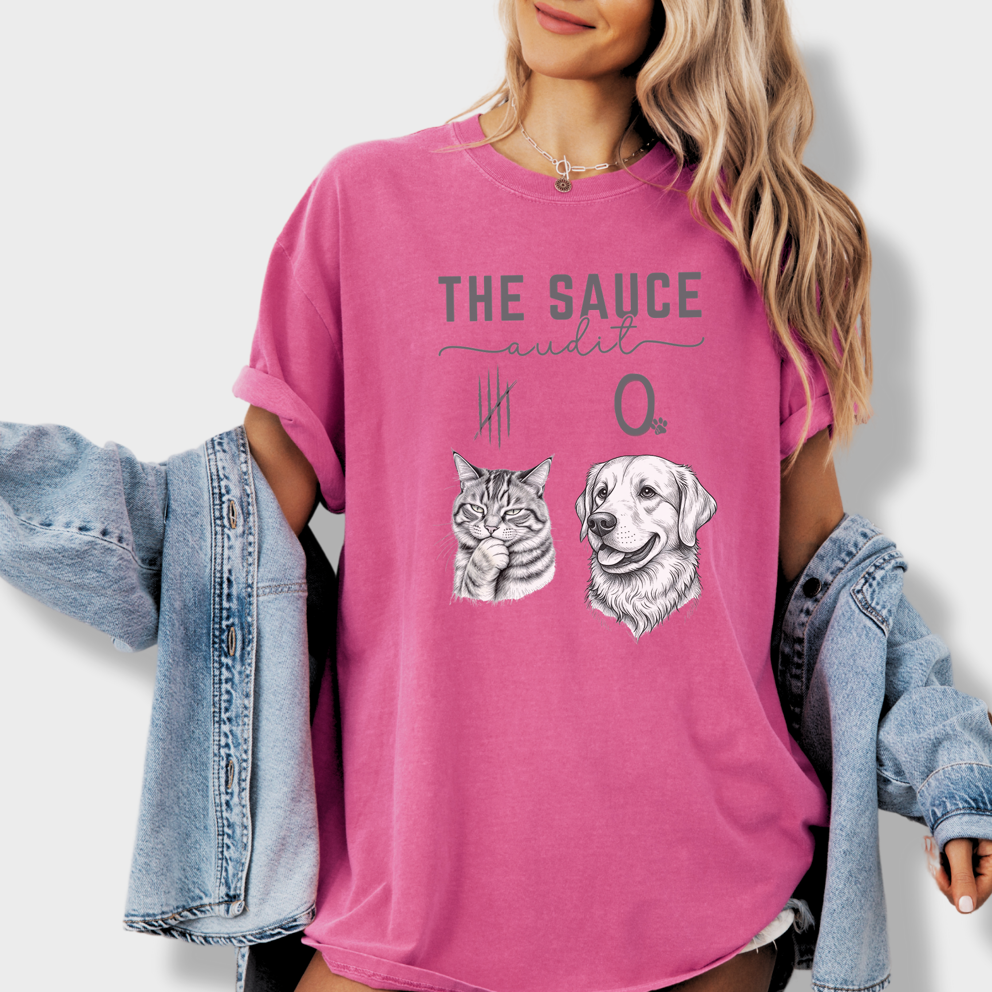 Line Art Who Gives the Sauce Cat v Dog Sauce Audit Cat Graphic Comfort Colors T-Shirt in Crunchberry-T-Shirt-Crunchberry-Fetch N Found