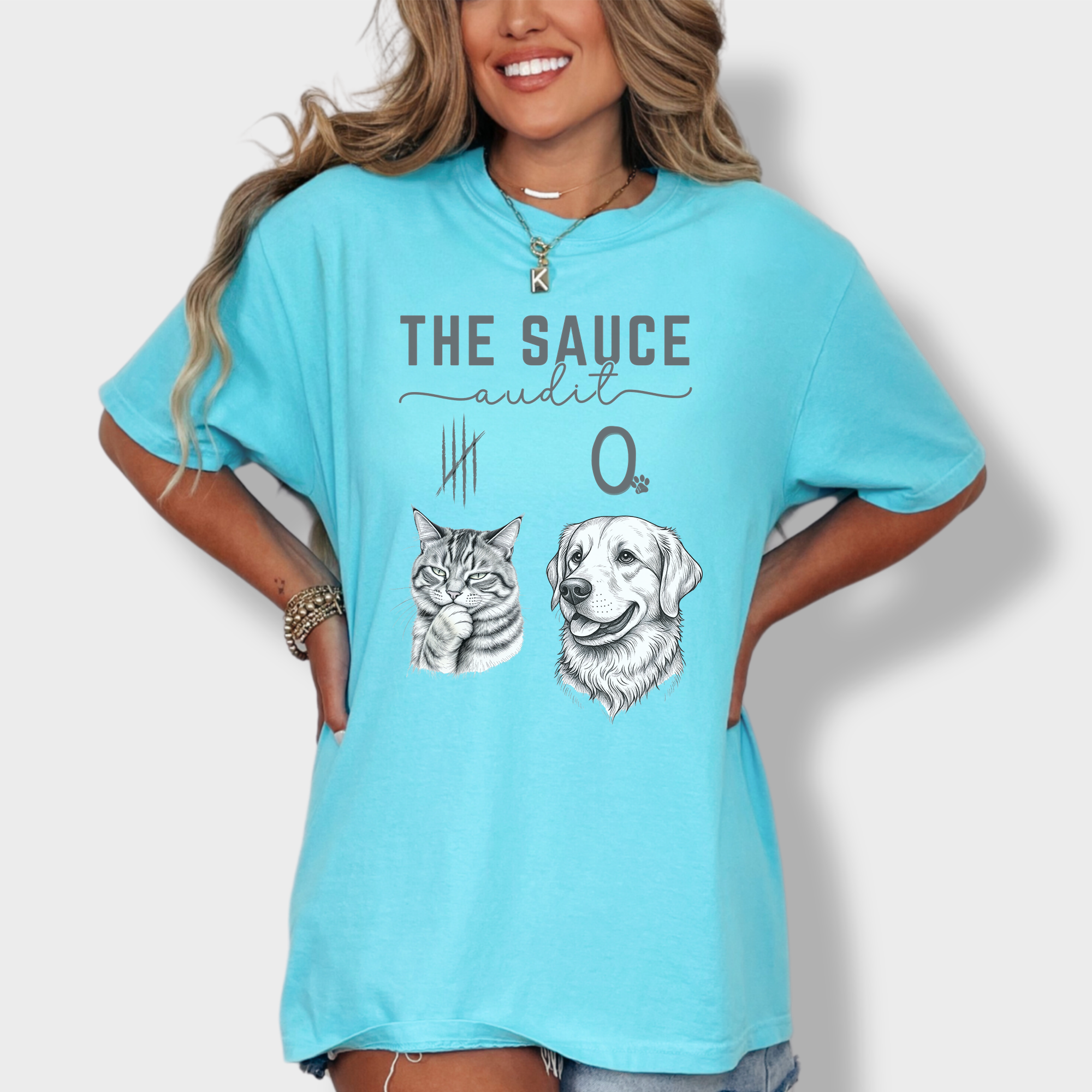 Line Art Who Gives the Sauce Cat v Dog Sauce Audit dog Graphic Comfort Colors T-Shirt in Lagoon Blue-T-Shirt-Lagoon Blue-Fetch N Found