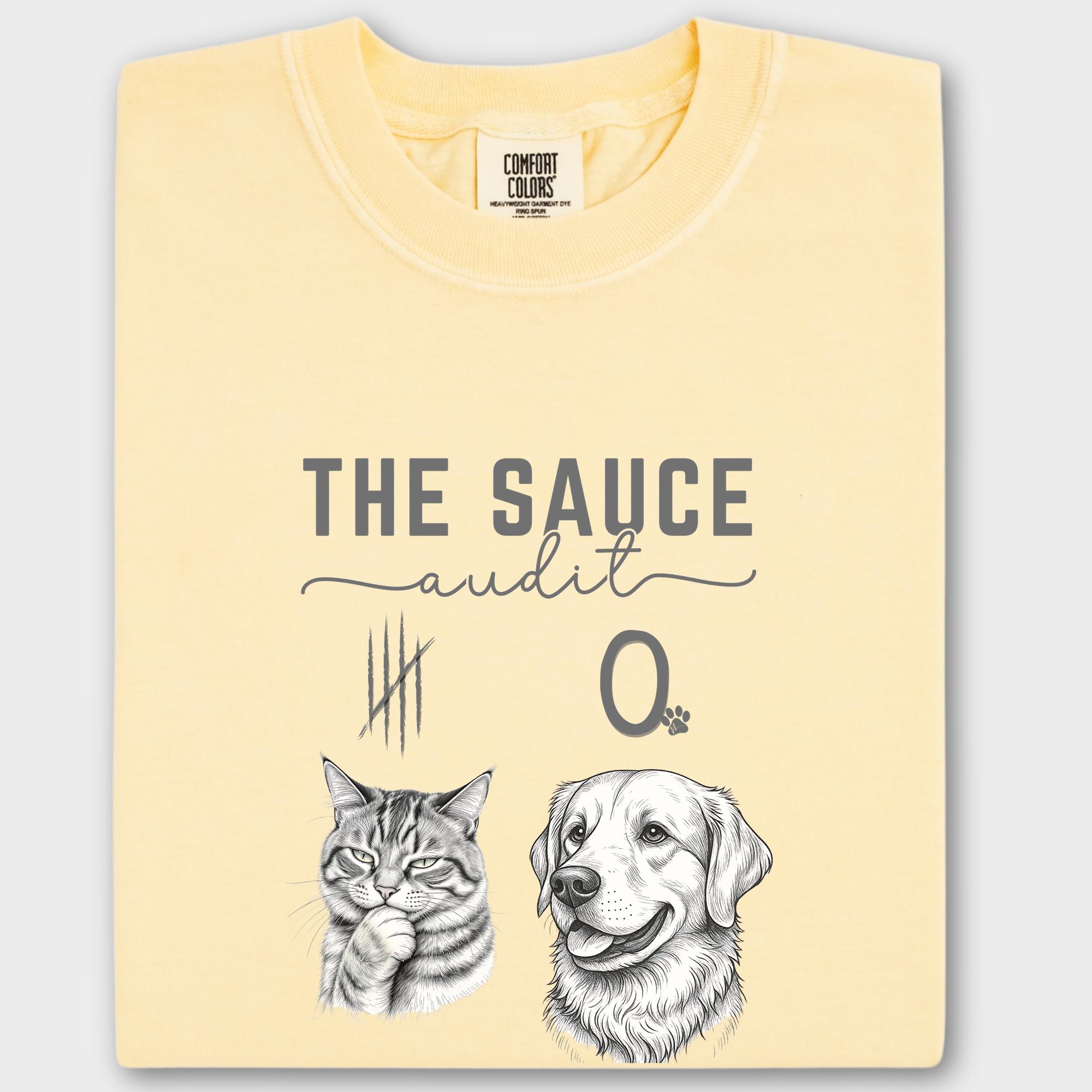 Line Art Who Gives the Sauce Cat v Dog Sauce Audit dog Graphic Comfort Colors T-Shirt in Butter-T-Shirt-Butter-Fetch N Found