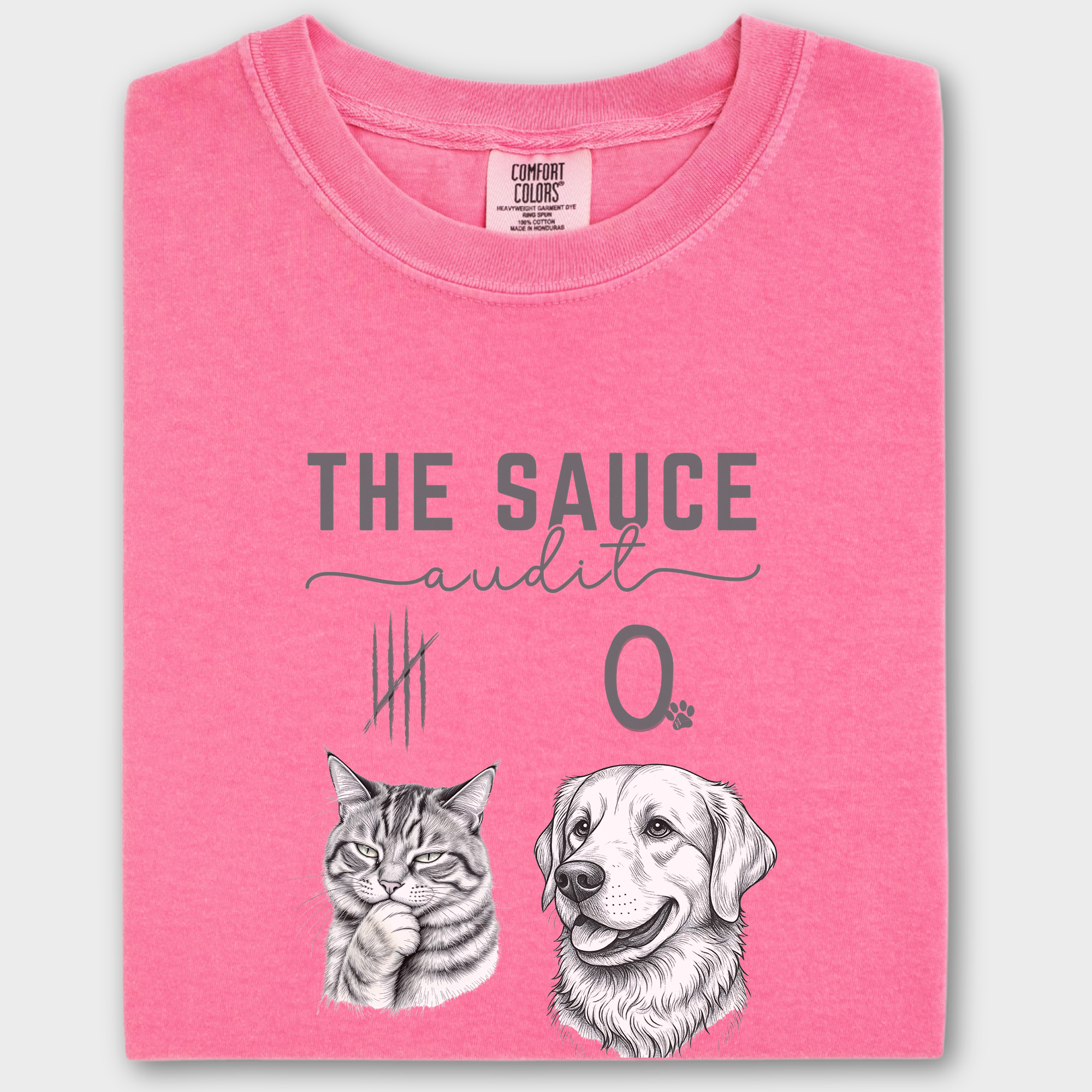 Line Art Who Gives the Sauce Cat v Dog Sauce Audit Cat Graphic Comfort Colors T-Shirt in Crunchberry-T-Shirt-Crunchberry-Fetch N Found