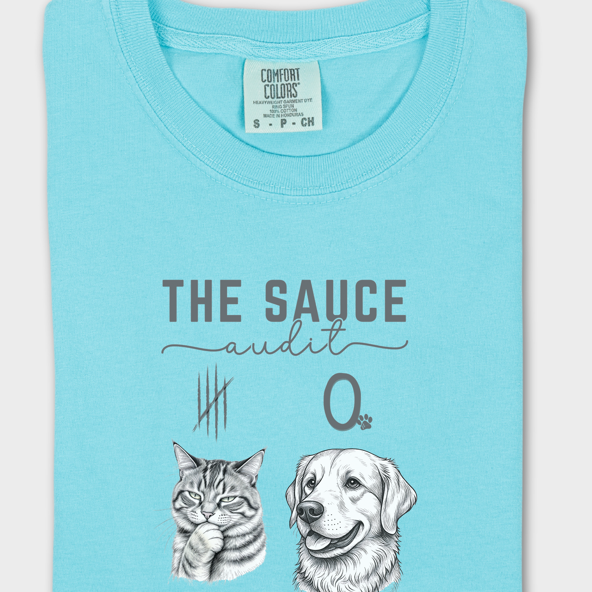 Line Art Who Gives the Sauce Cat v Dog Sauce Audit dog Graphic Comfort Colors T-Shirt in Lagoon Blue-T-Shirt-Lagoon Blue-Fetch N Found