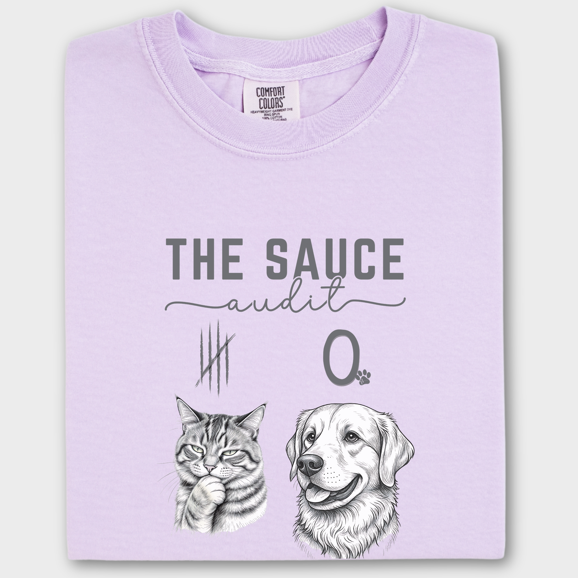 Line Art Who Gives the Sauce Cat v Dog Sauce Audit Cat Graphic Comfort Colors T-Shirt in Orchid-T-Shirt-Orchid-Fetch N Found