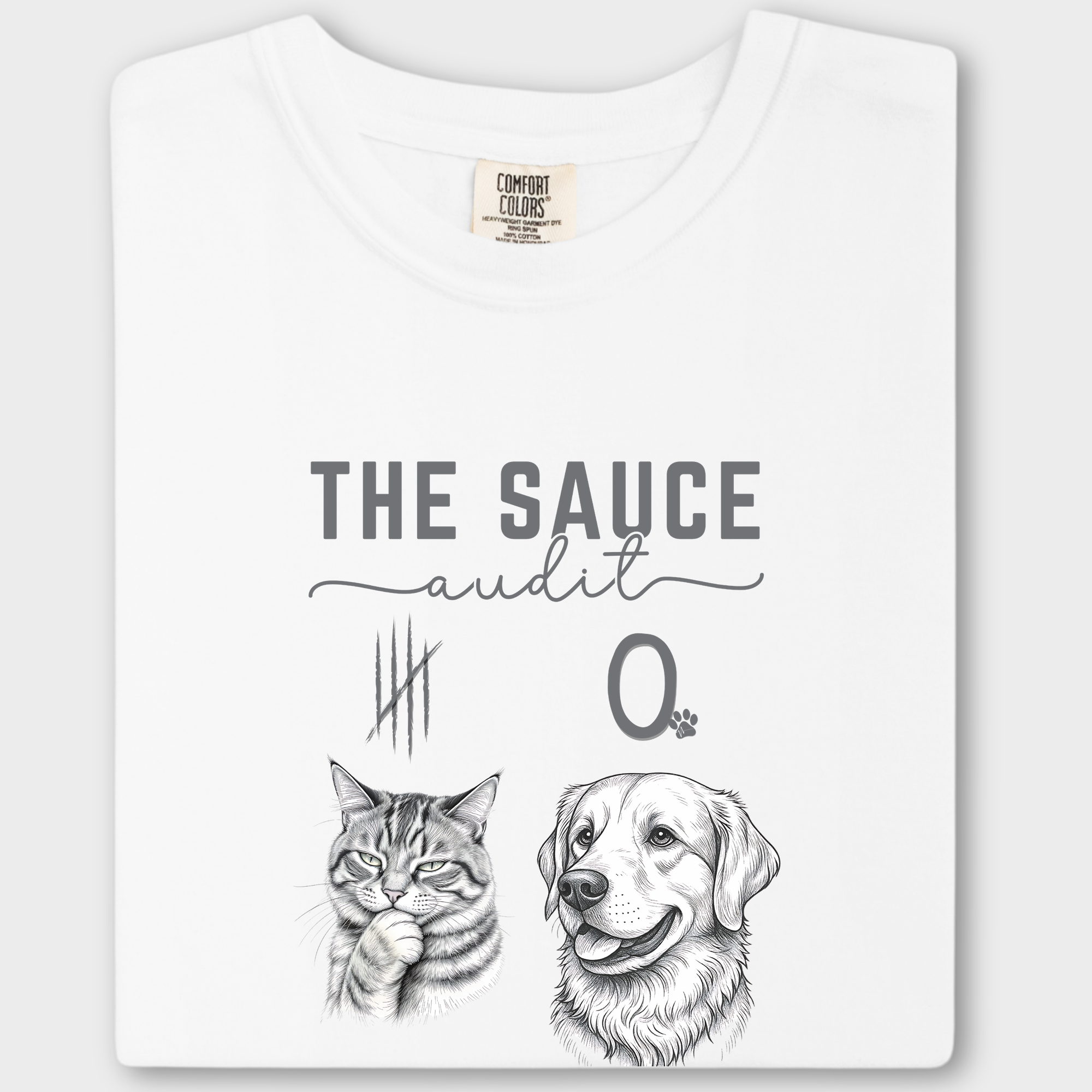 Line Art Who Gives the Sauce Cat v Dog Sauce Audit Dog Graphic Comfort Colors T-Shirt in White-T-Shirt-White-Fetch N Found