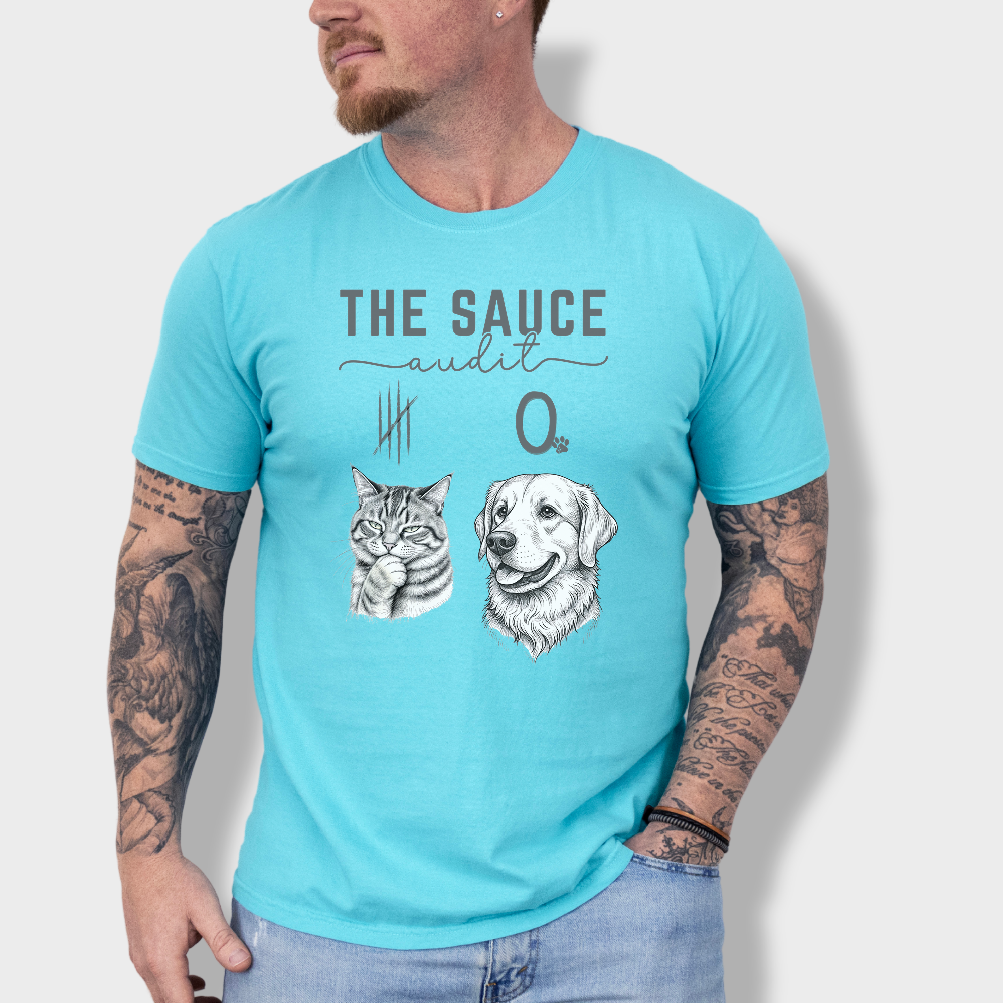 Line Art Who Gives the Sauce Cat v Dog Sauce Audit dog Graphic Comfort Colors T-Shirt in Lagoon Blue-T-Shirt-Lagoon Blue-Fetch N Found