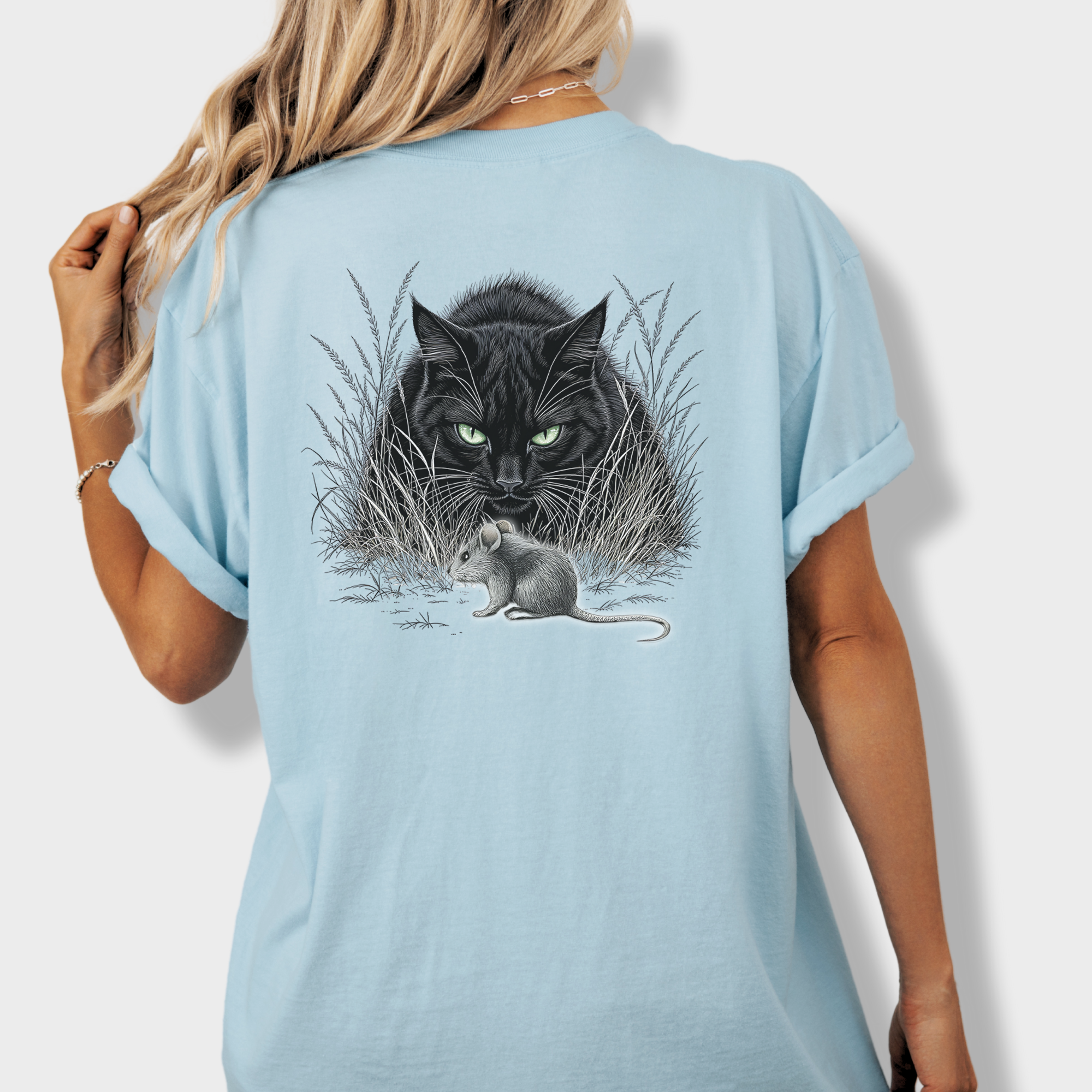 Line Art Too Long Didnt Read TLDR Cat plus Mouse Cat Graphic Comfort Colors T-Shirt in Chambray-T-Shirt-Chambray-Fetch N Found