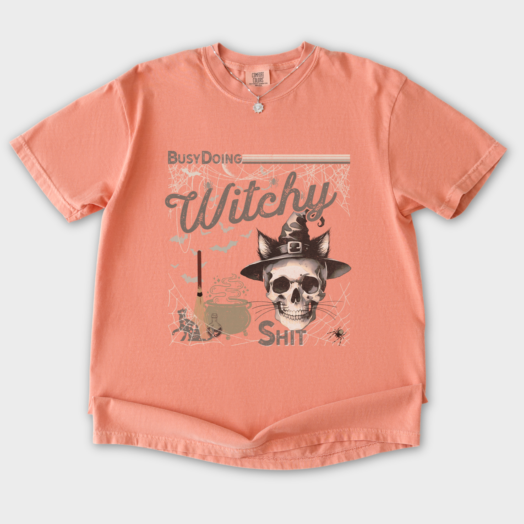 Retro Busy Being a Witch Y2K Halloween Cat Skeleton Comfort Colors T-Shirt in Terracotta-T-Shirt-Terracotta-S-Fetch N Found
