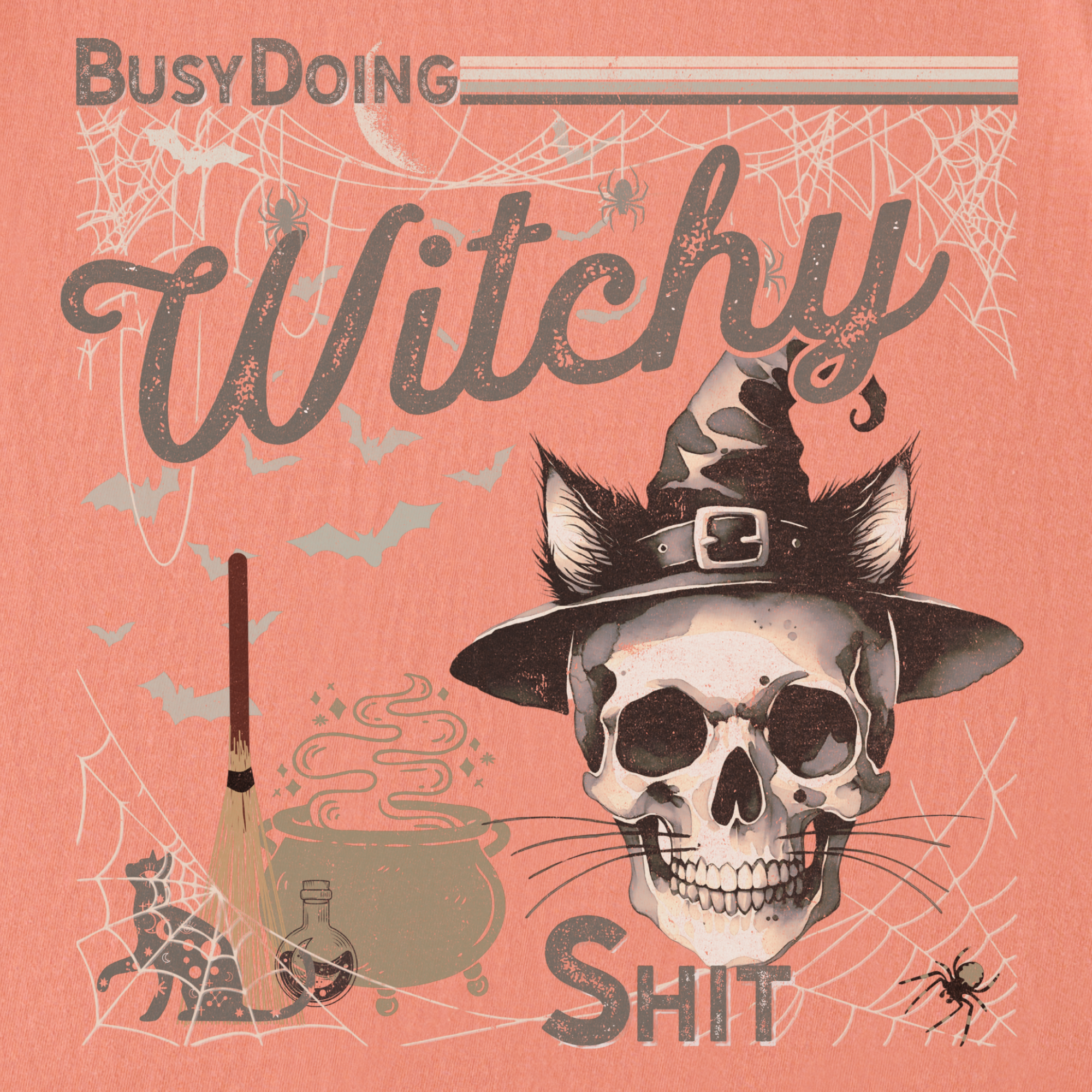 Retro Busy Being a Witch Y2K Halloween Cat Skeleton Comfort Colors T-Shirt in Terracotta-T-Shirt-Fetch N Found