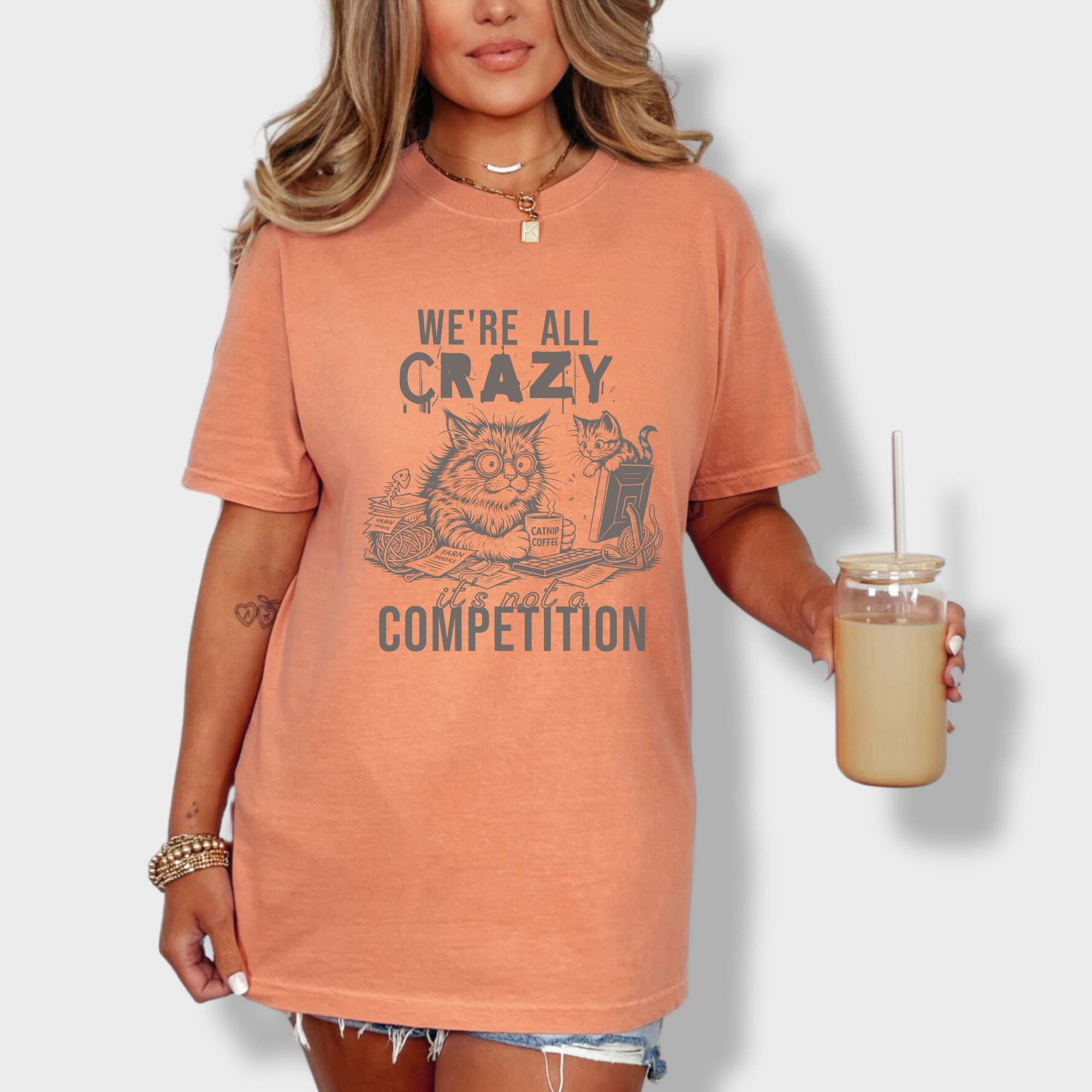Line Art Were All Crazy Its Not a Competition Cat Graphic Comfort Colors T-Shirt in Terracotta-T-Shirt-Fetch N Found