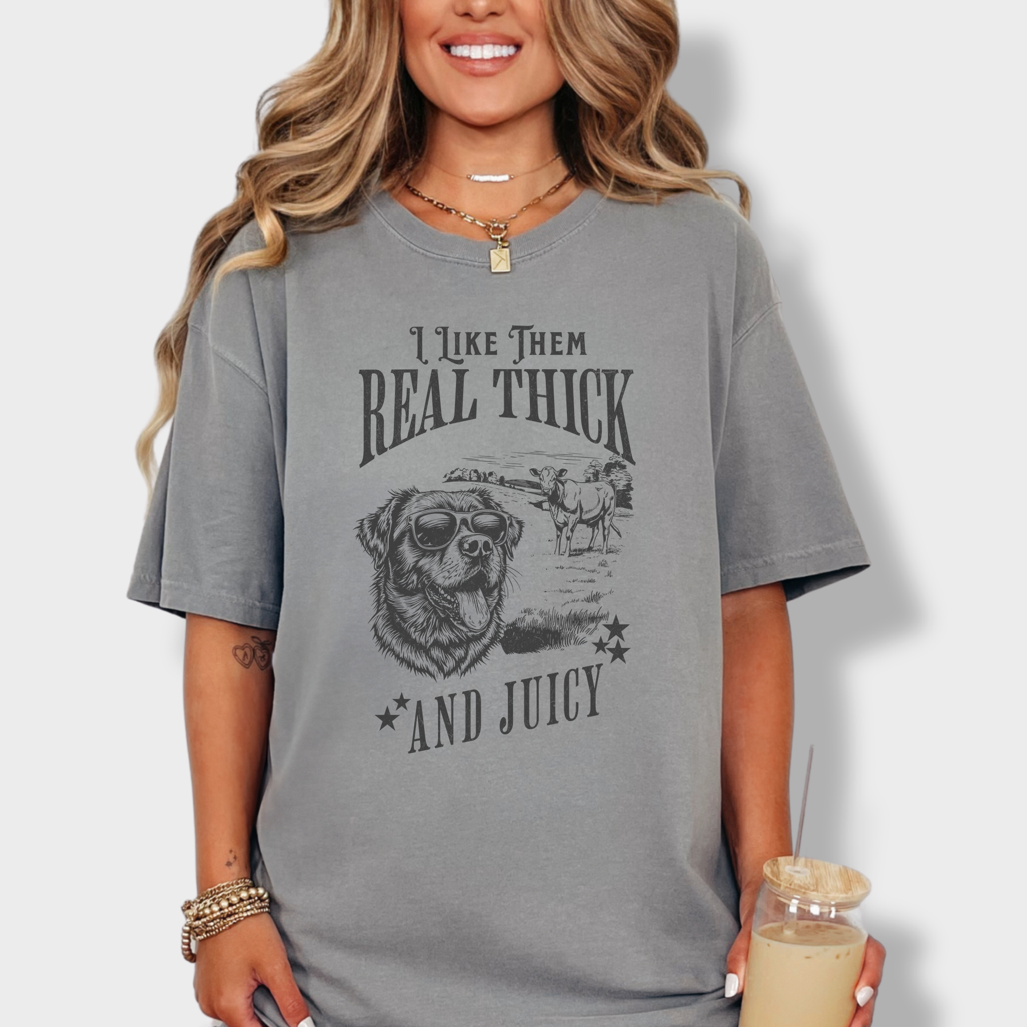 Minimalist line-art dog and cow graphic tee with humorous text, nodding to 90s hip-hop lyrics.