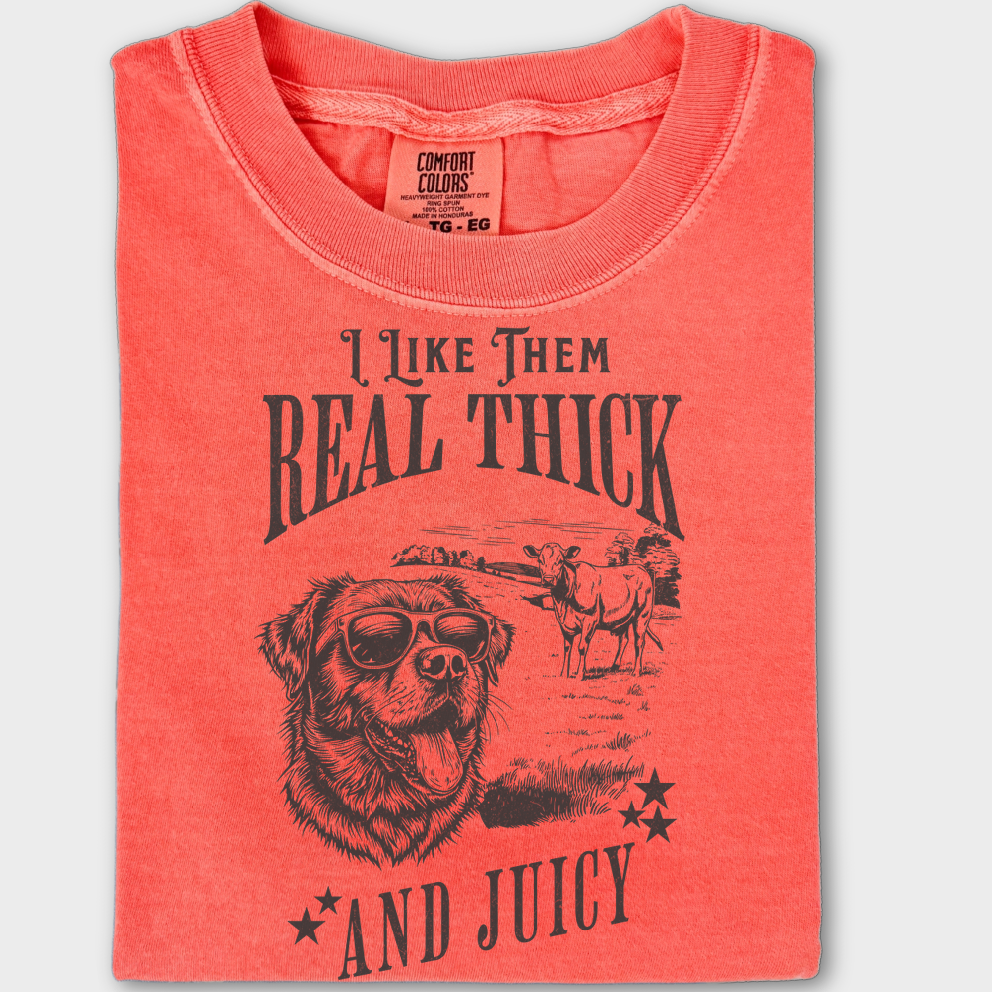 Retro Funny Dog Real Thick and Juicy Line Art T-Shirt in Bright Salmon-Fetch N Found