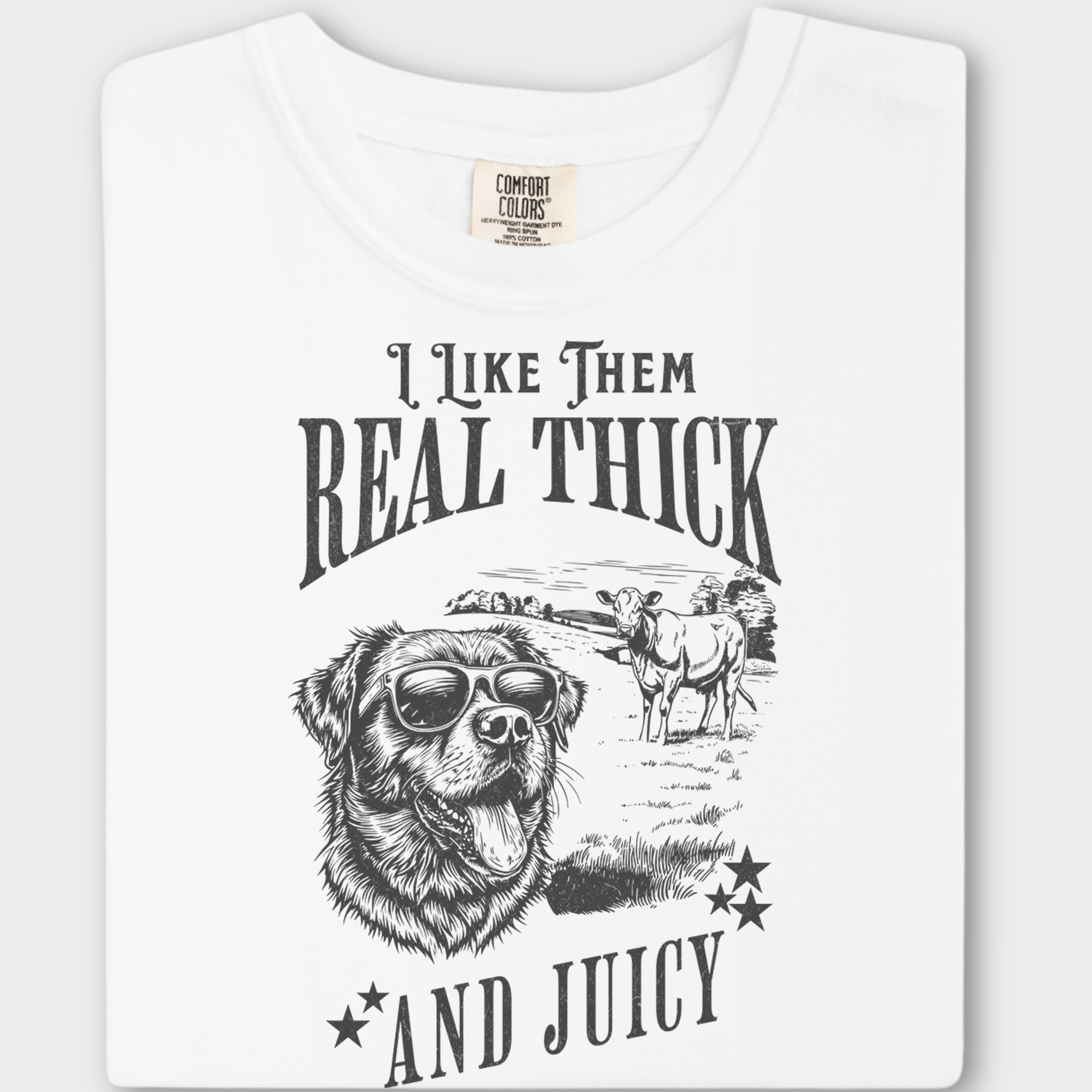 Retro Funny Dog Real Thick and Juicy Line Art T-Shirt in White-Fetch N Found