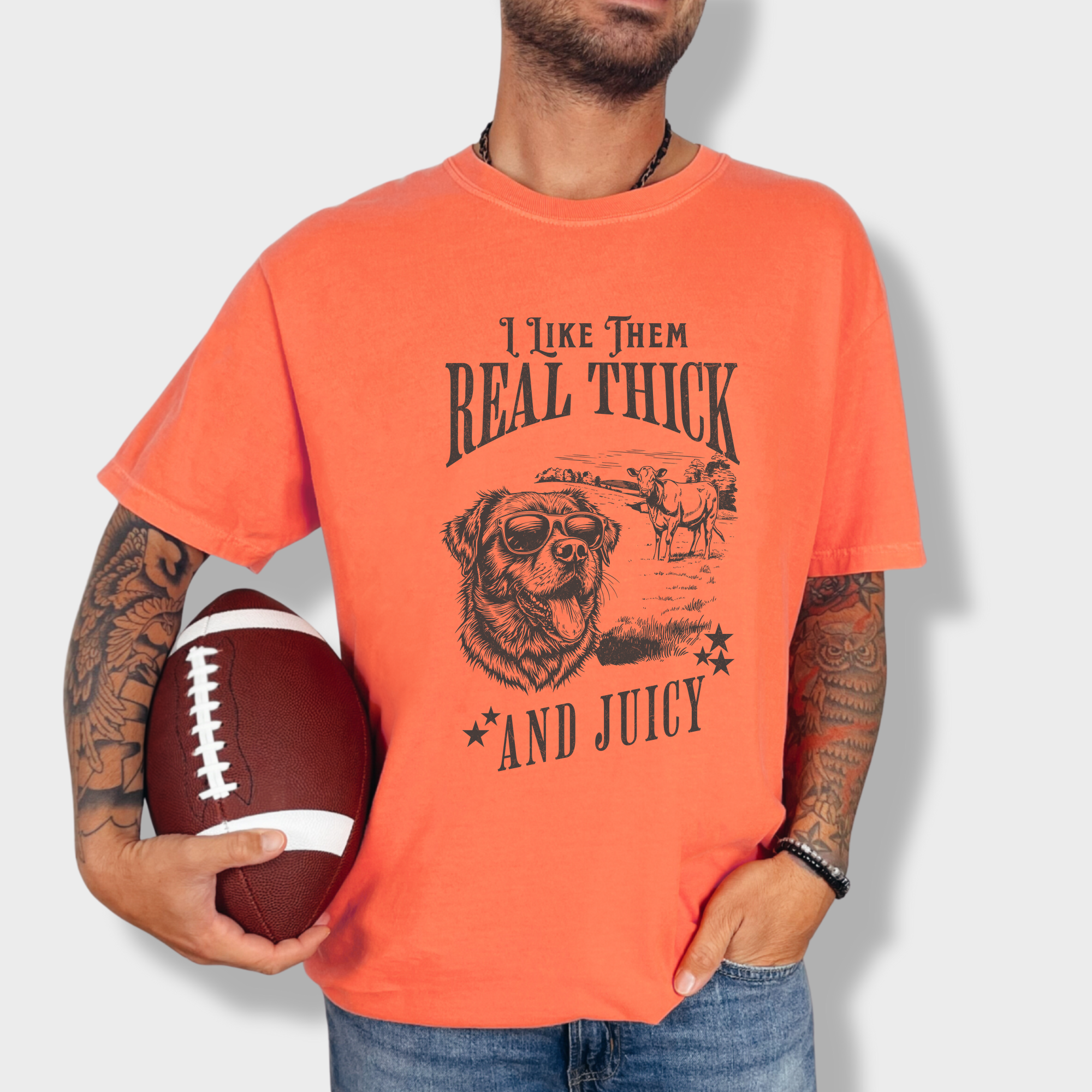 Funny vintage dog lover’s T-shirt featuring a stylish pup in sunglasses with a cow in a field, captioned with a playful music reference.