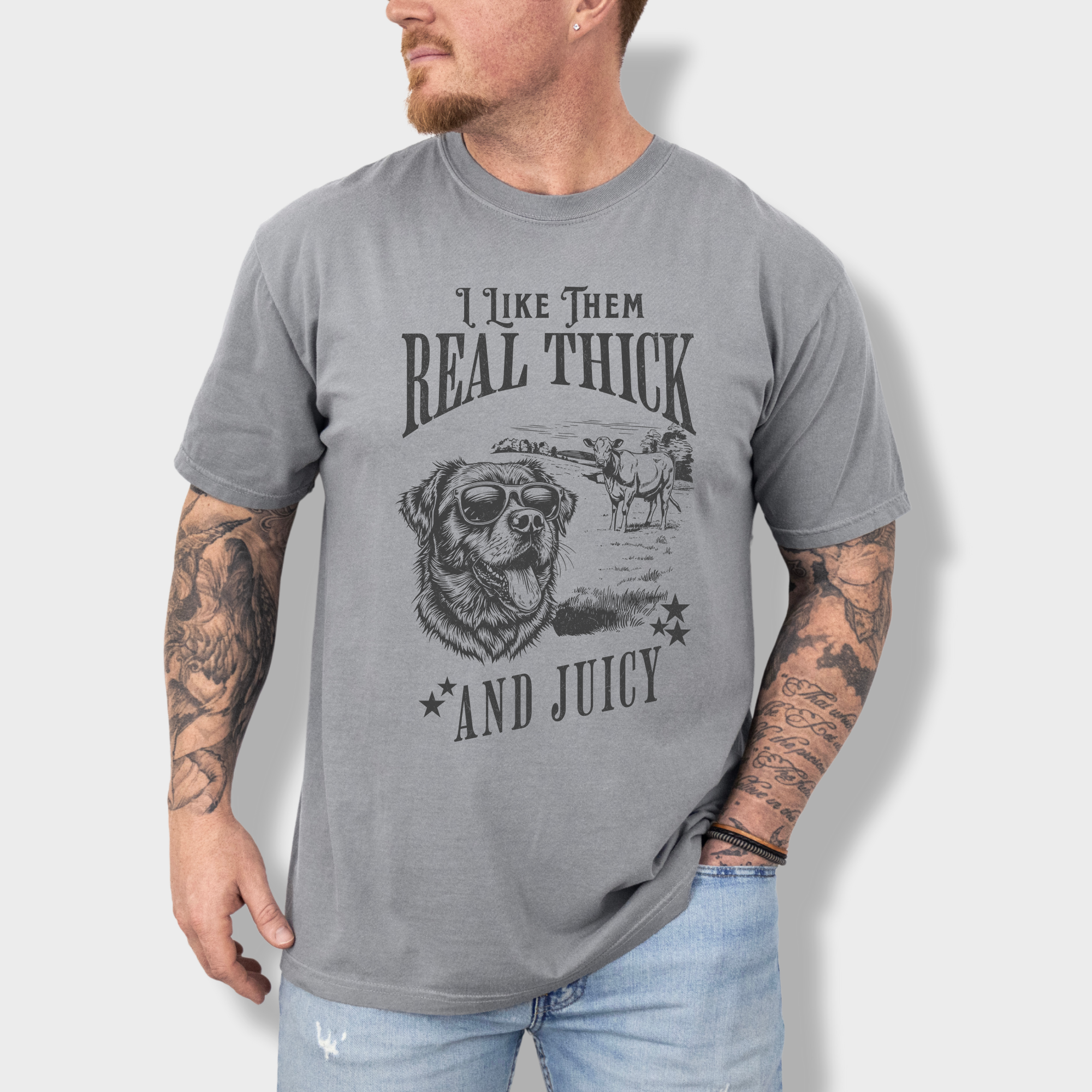 Funny vintage dog lover’s T-shirt featuring a stylish pup in sunglasses with a cow in a field, captioned with a playful music reference.