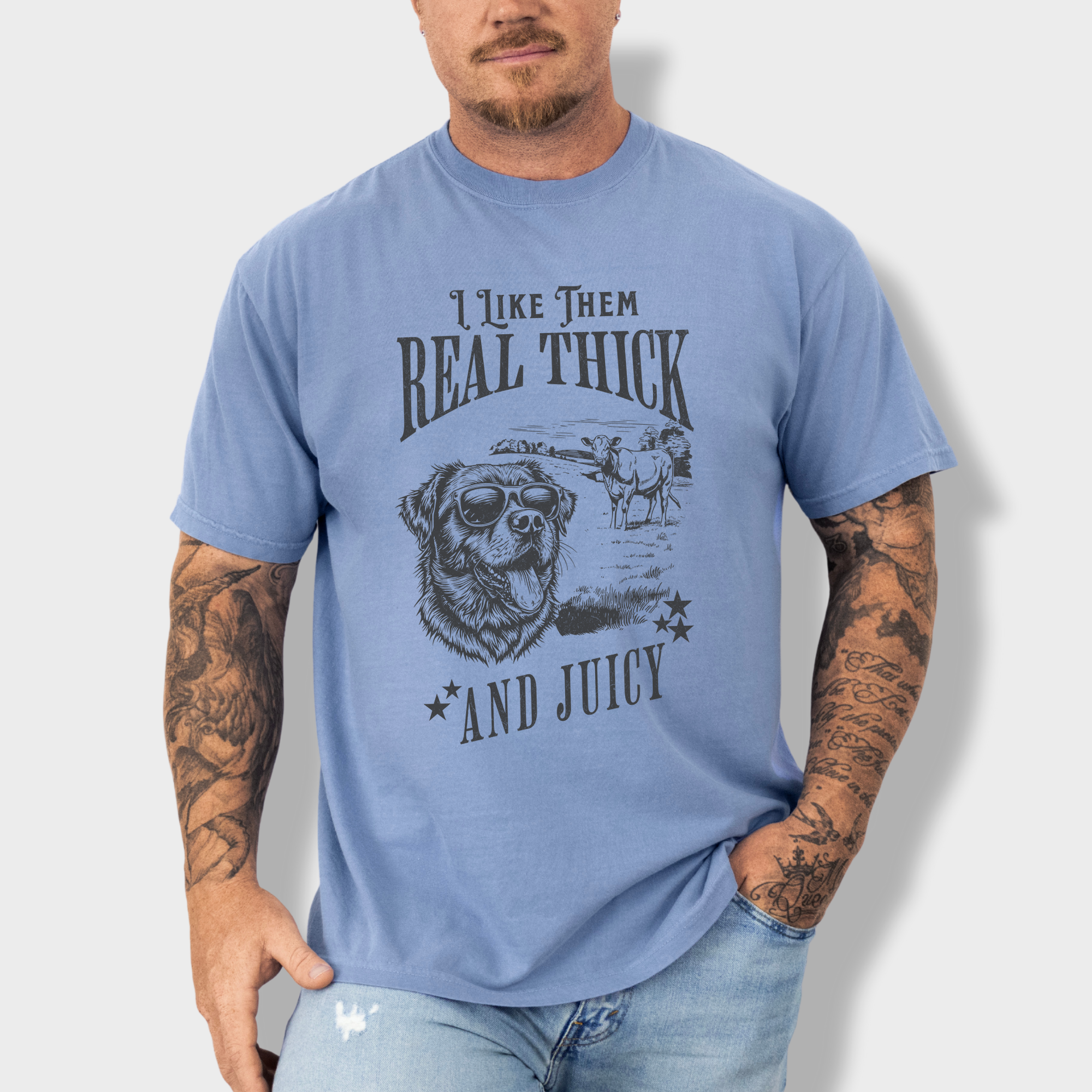 Funny vintage dog lover’s T-shirt featuring a stylish pup in sunglasses with a cow in a field, captioned with a playful music reference.