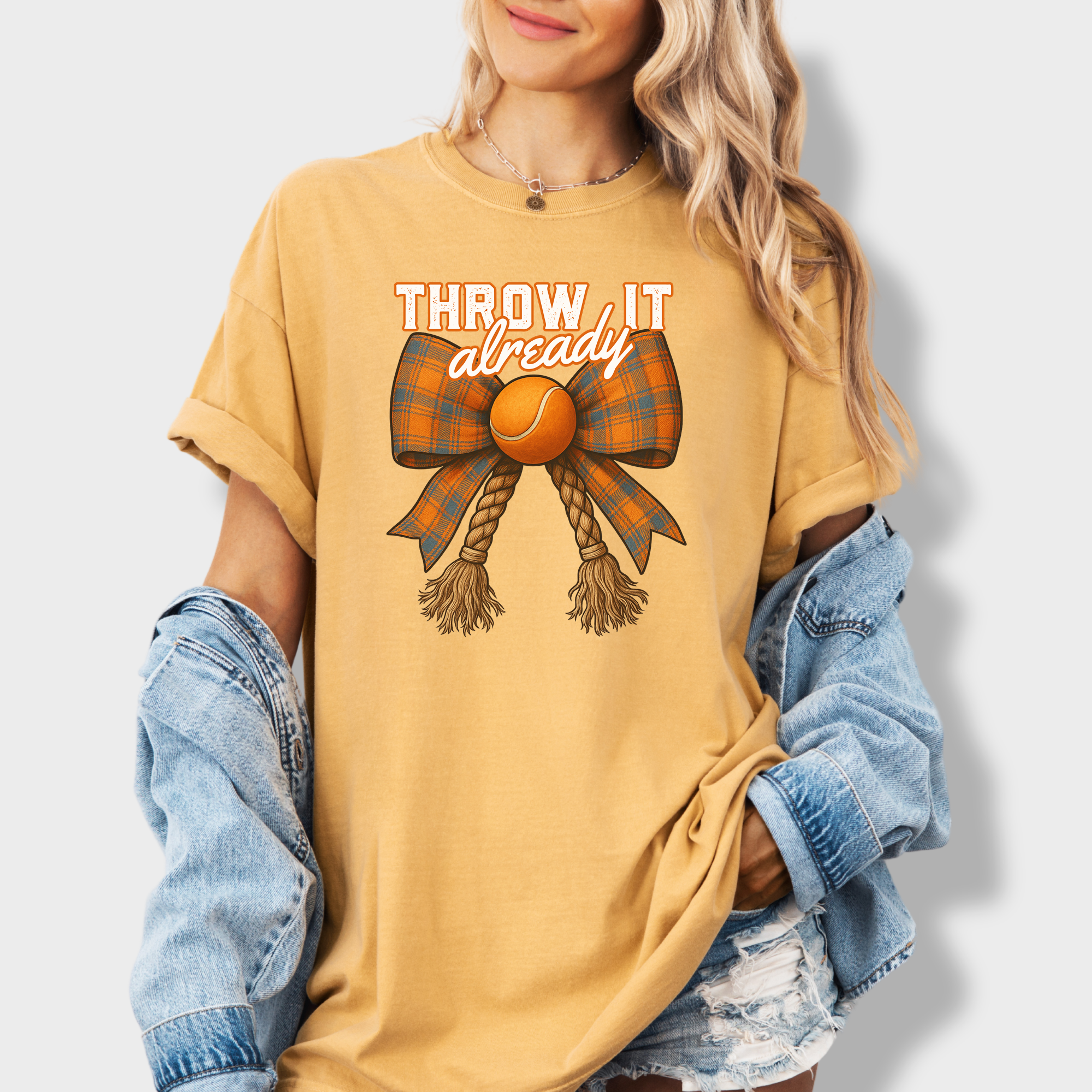 Western Throw It Already Dog Chew Toy Bow Dog Bow Comfort Colors T-Shirt in Mustard-Fetch N Found