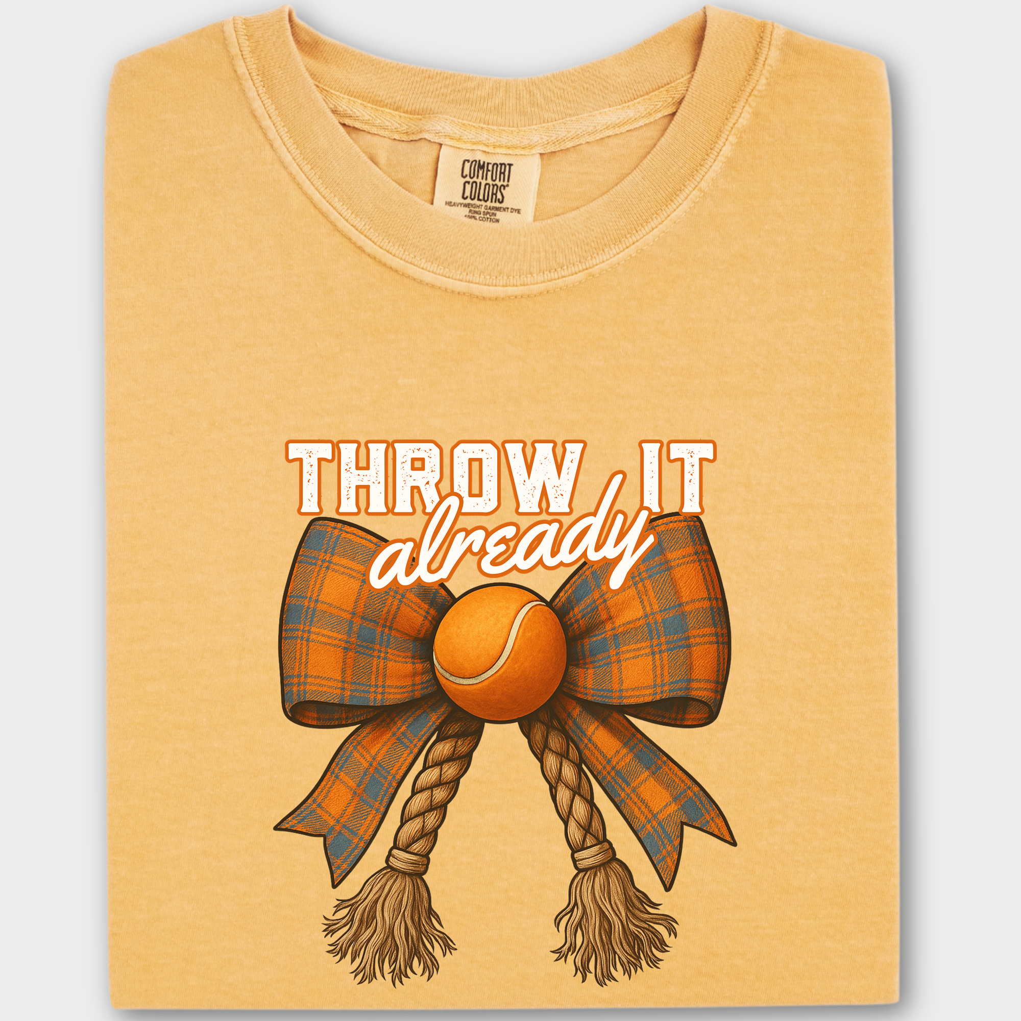 Western Throw It Already Dog Chew Toy Bow Dog Bow Comfort Colors T-Shirt in Mustard-Fetch N Found