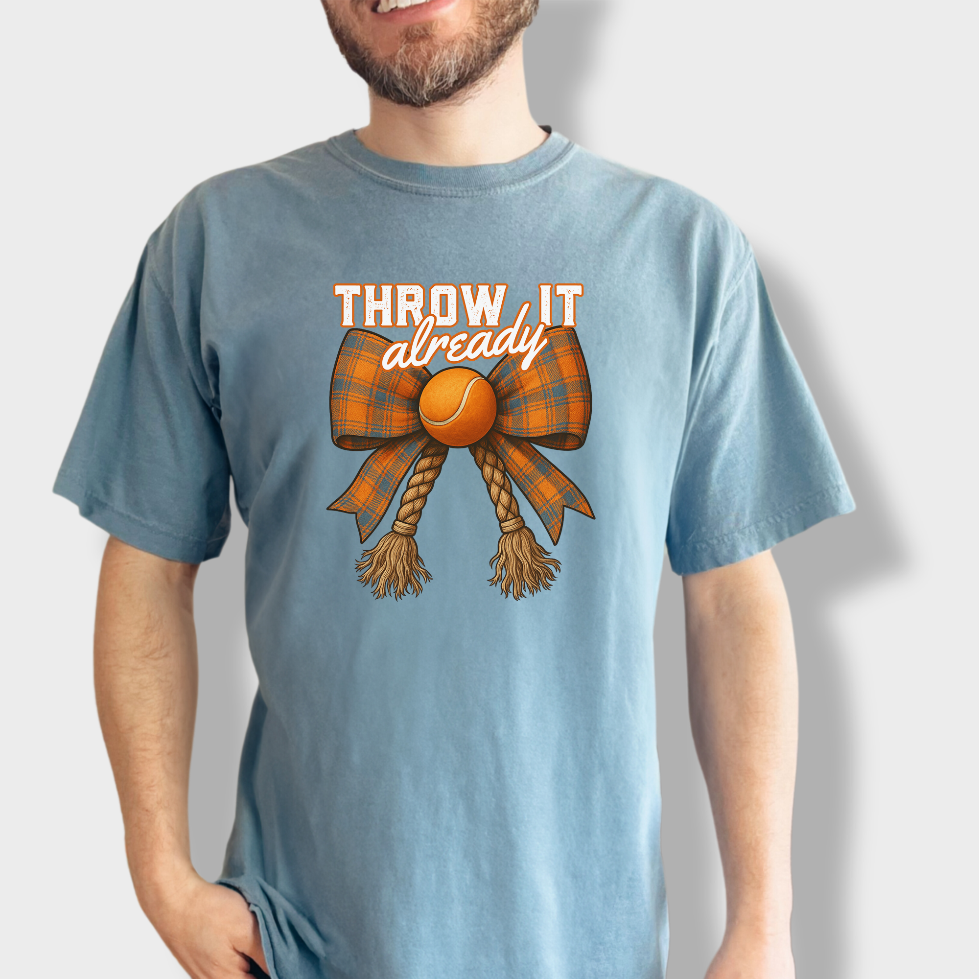 Western Throw It Already Dog Chew Toy Bow Dog Bow Comfort Colors T-Shirt in Ice Blue-Fetch N Found