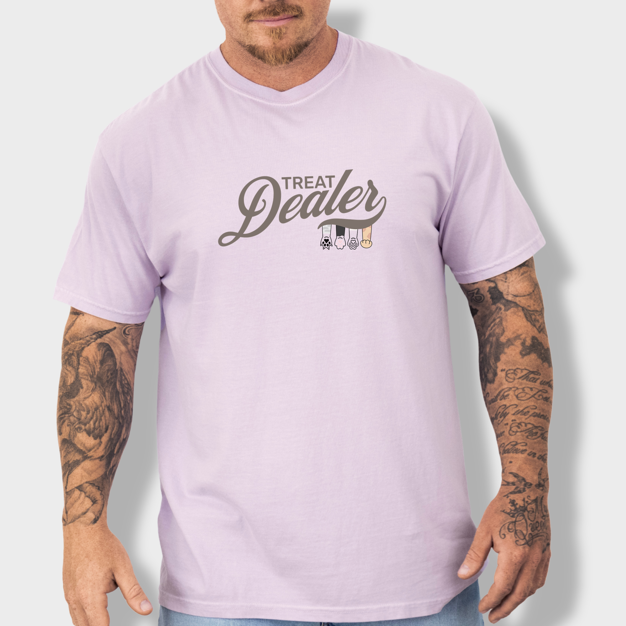 Soft cotton T-shirt with a nostalgic 70s aesthetic, showcasing the phrase 'Treat Dealer' in a bold, colorful font.