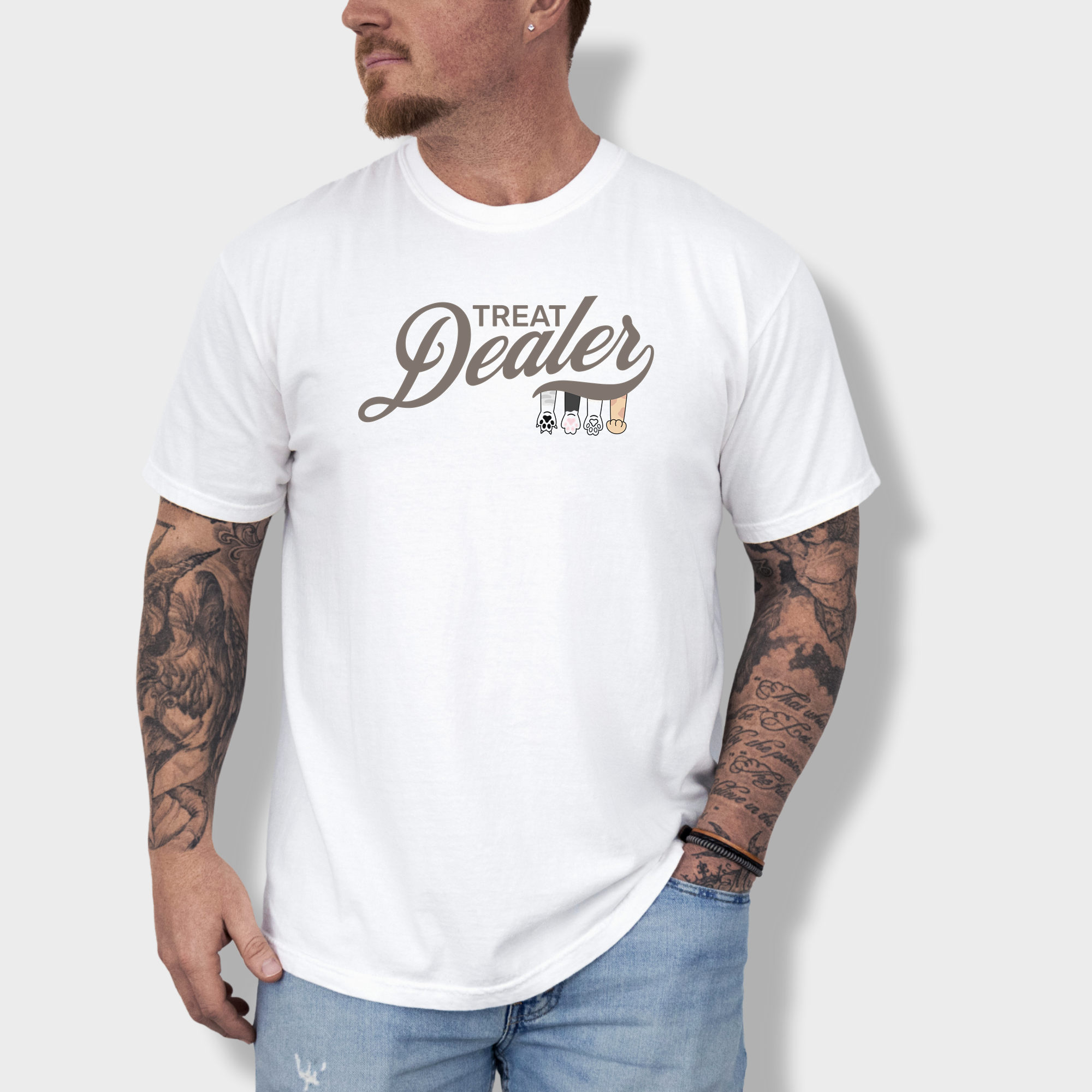 Retro 70s-style dog lover’s T-shirt featuring the bold text 'Treat Dealer' in a groovy vintage font.