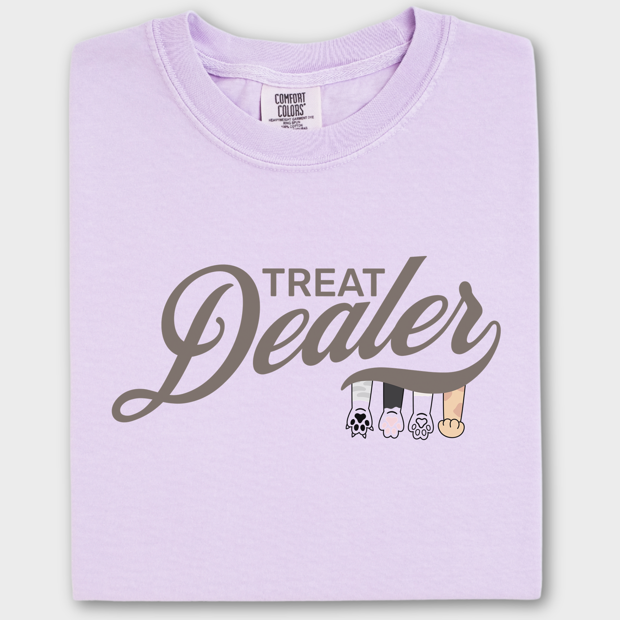 Retro 70s-style dog lover’s T-shirt featuring the bold text 'Treat Dealer' in a groovy vintage font.
