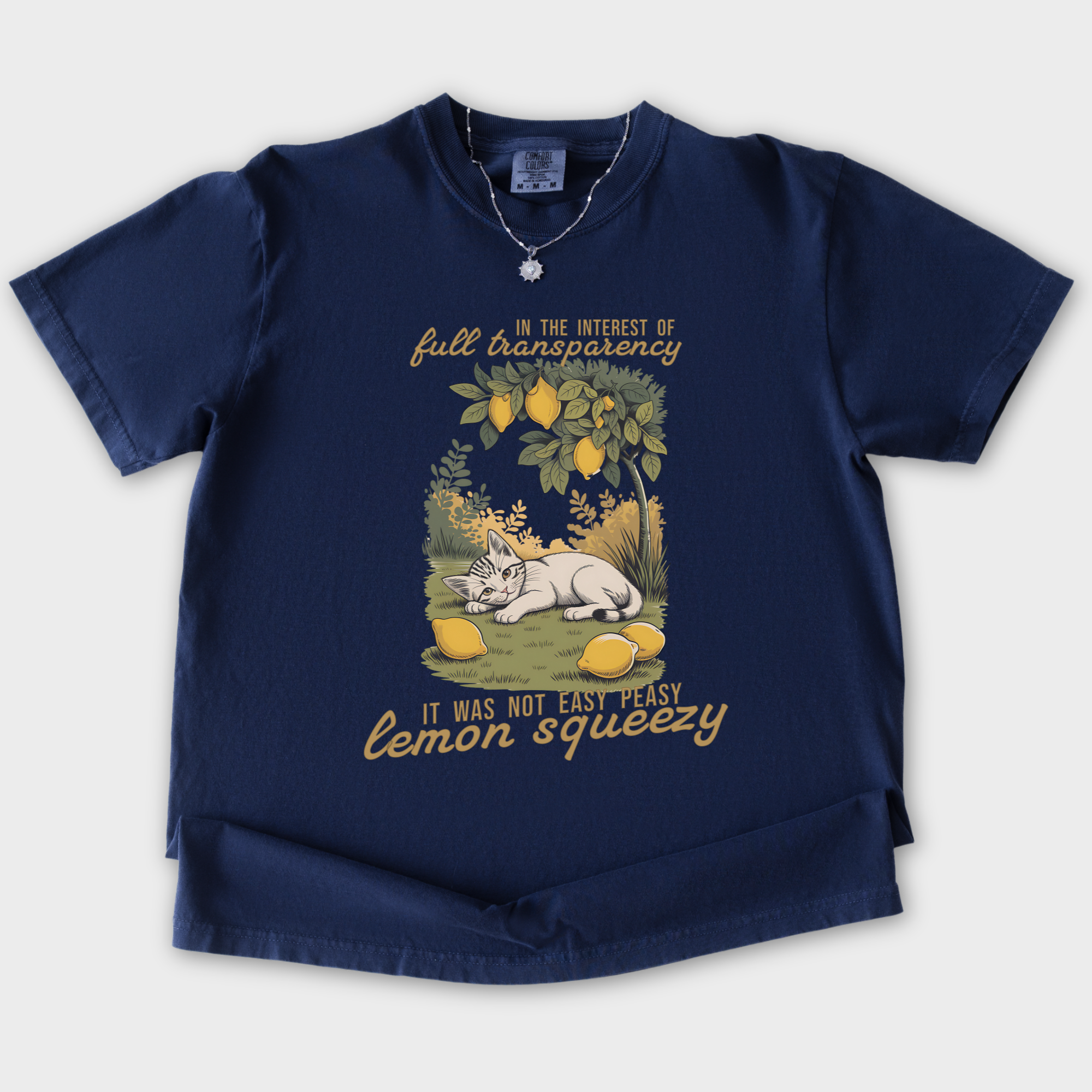 Vintage Lemon Squeezy Cat Graphic Comfort Colors T-Shirt in True Navy