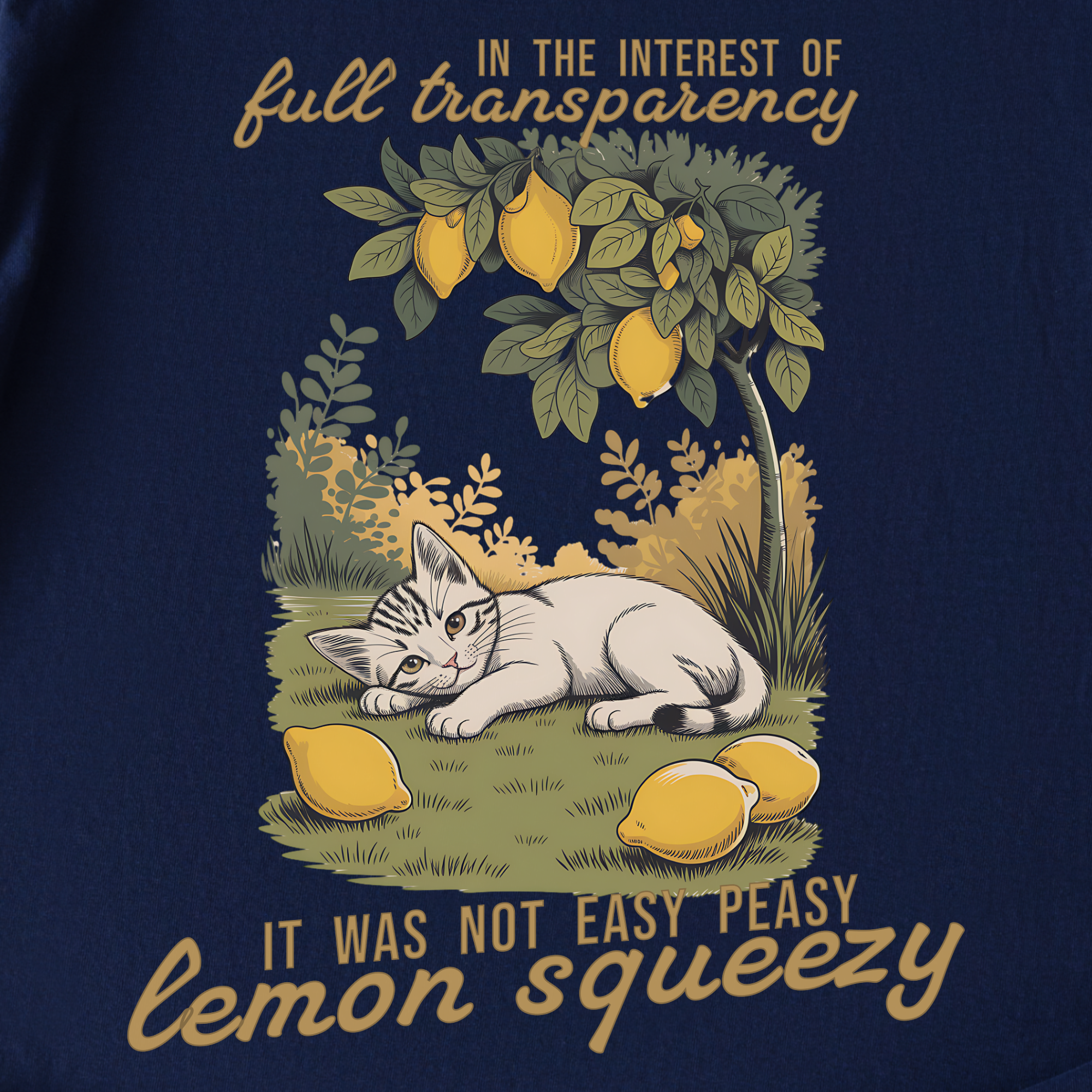 Vintage Lemon Squeezy Cat Graphic Comfort Colors T-Shirt in True Navy