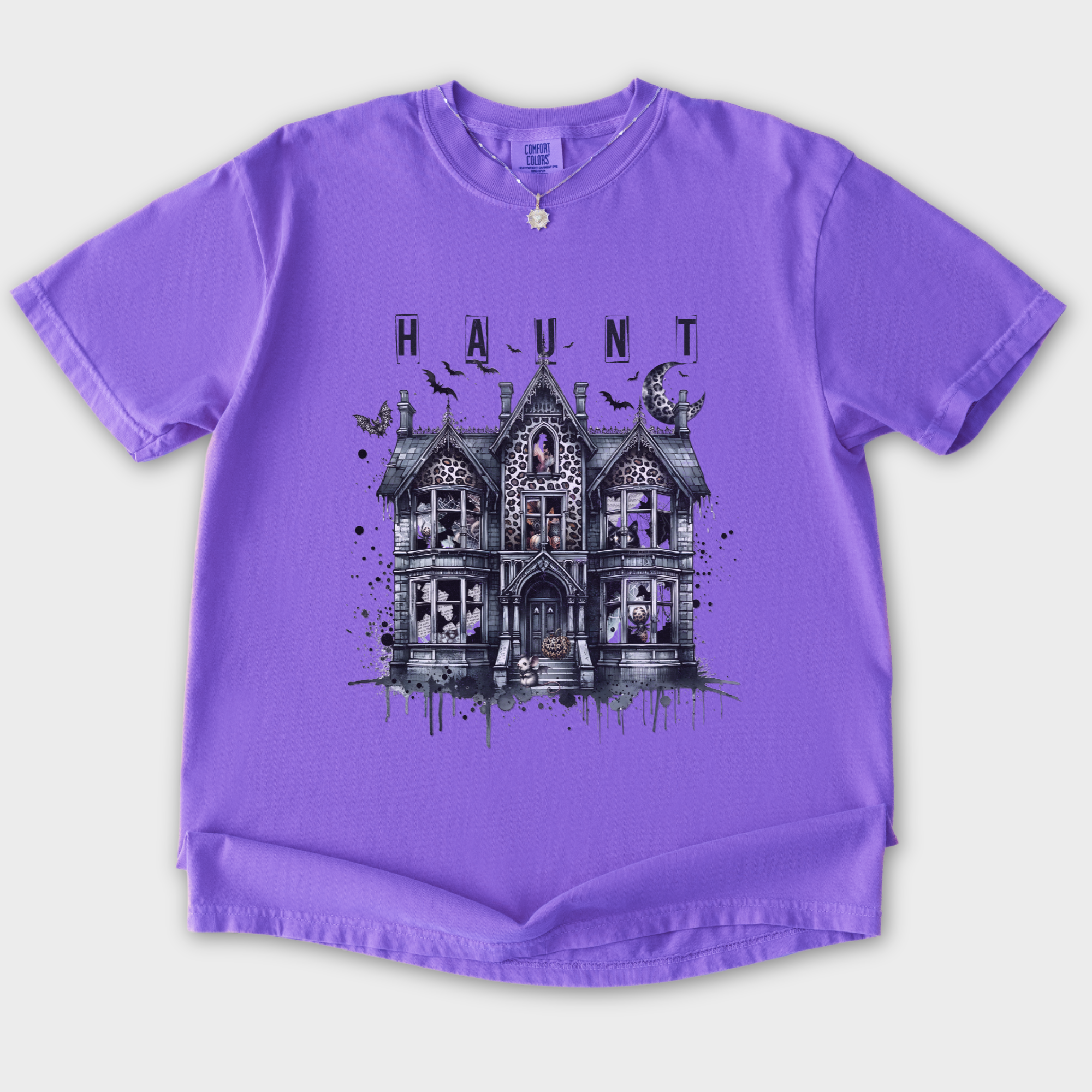 Retro HAUNT Leopard Print House Collage Cat Graphic Comfort Colors T-Shirt in Violet-T-Shirt-Violet-S-Fetch N Found