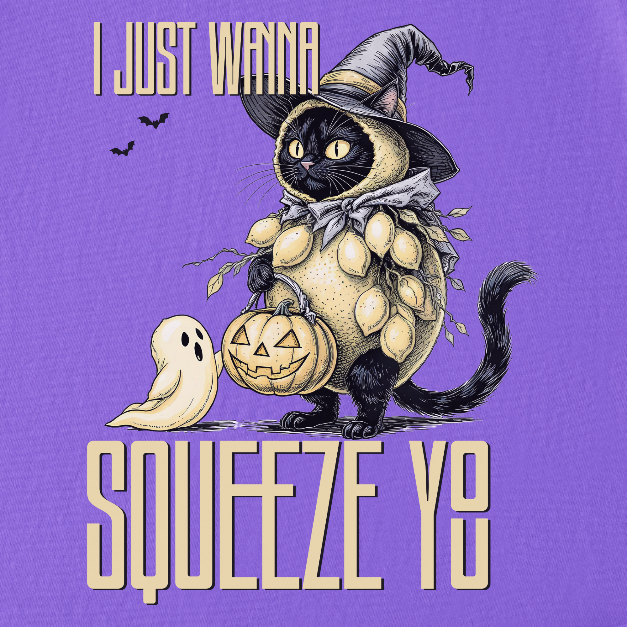 Line Art I Just Wanna Squeeze You Lemon Trick-or-Treater Cat Graphic Comfort Colors T-Shirt in Violet-T-Shirt-Fetch N Found