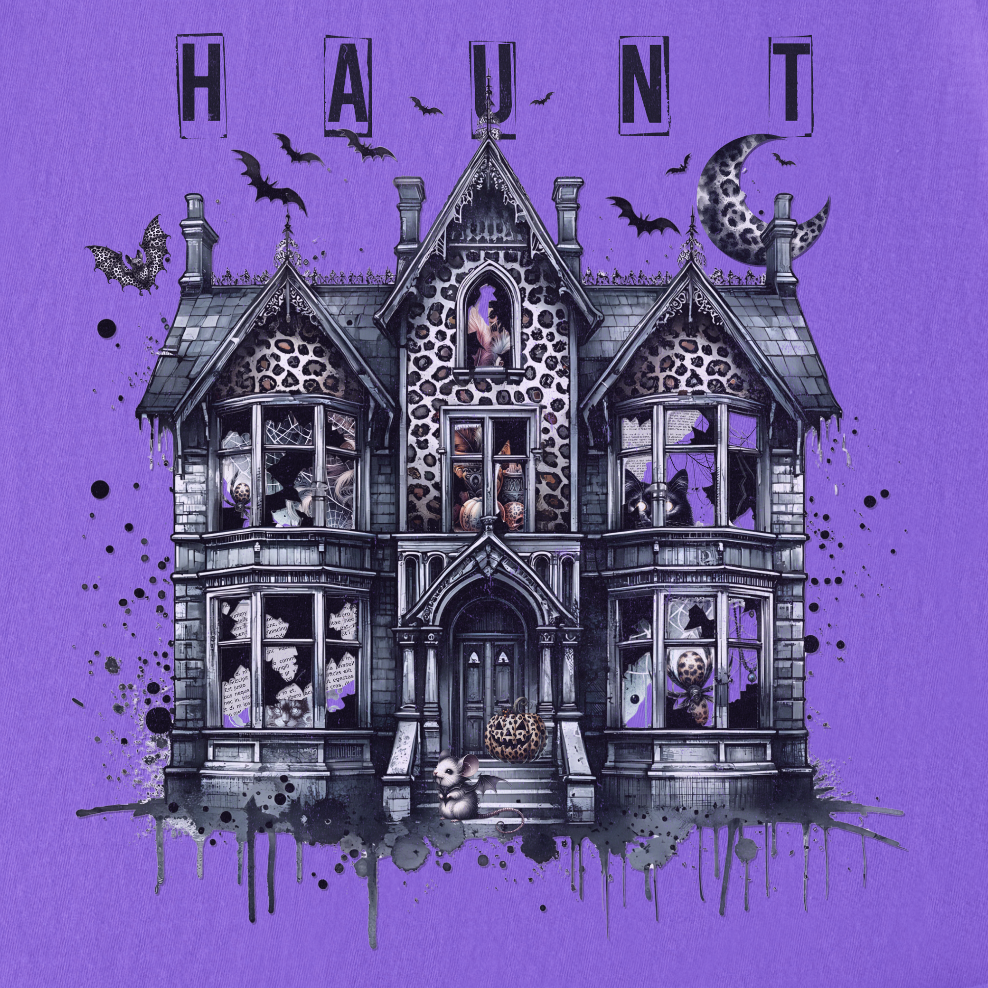 Retro HAUNT Leopard Print House Collage Cat Graphic Comfort Colors T-Shirt in Violet-T-Shirt-Fetch N Found