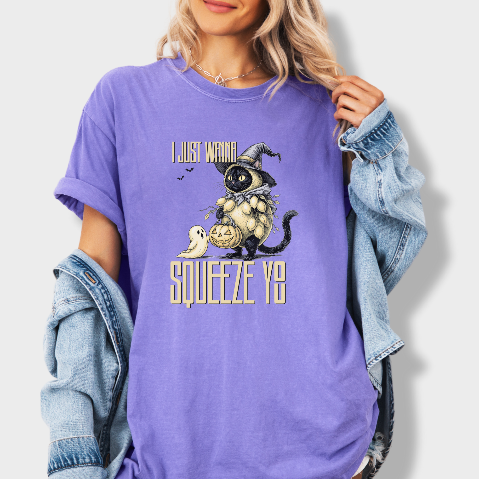 Line Art I Just Wanna Squeeze You Lemon Trick-or-Treater Cat Graphic Comfort Colors T-Shirt in Violet-T-Shirt-Fetch N Found