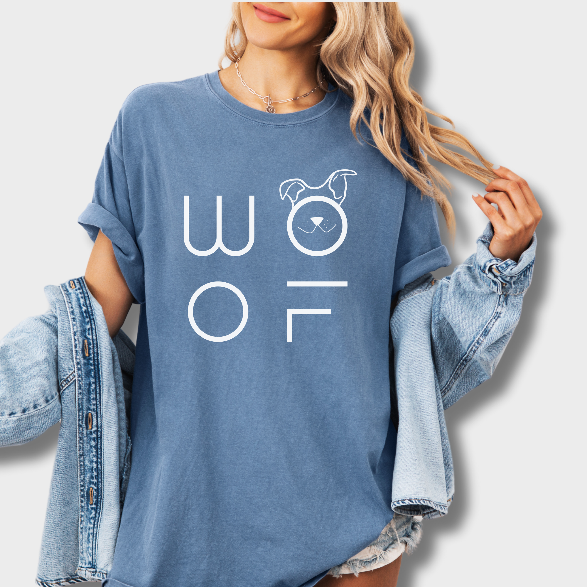 Minimalist WOOF Modern Text Design Dog Text Comfort Colors T-Shirt in Blue Jean-Fetch N Found