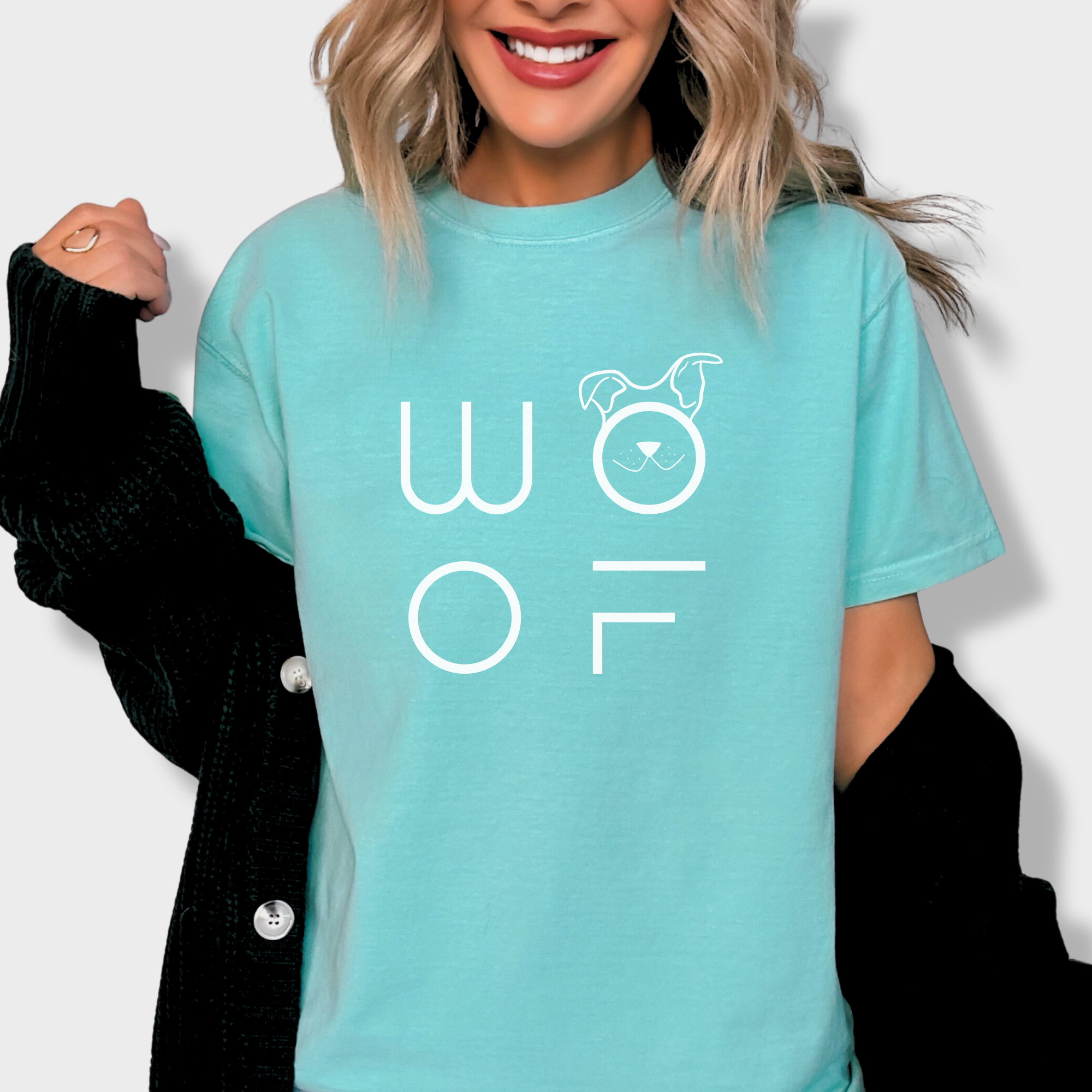 Minimalist WOOF Modern Text Design Dog Text Comfort Colors T-Shirt in Chalky Mint-Fetch N Found