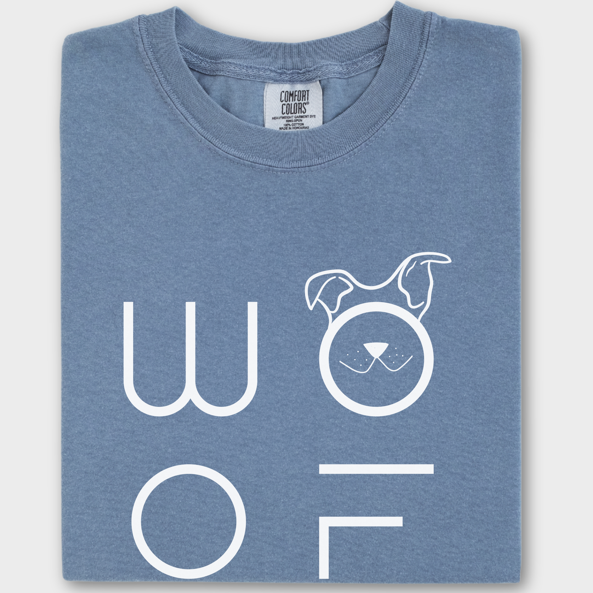 Minimalist WOOF Modern Text Design Dog Text Comfort Colors T-Shirt in Blue Jean-Fetch N Found