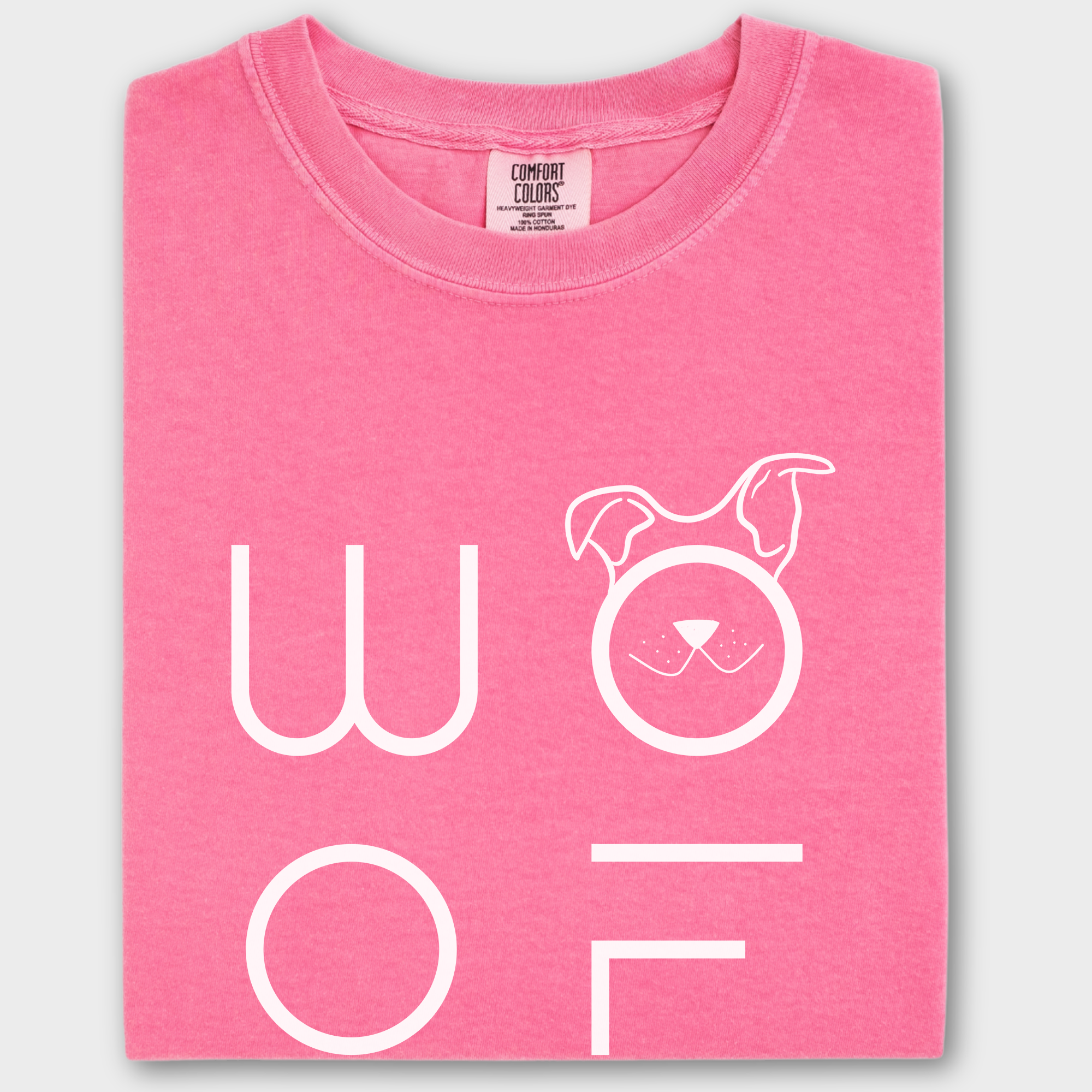 Minimalist WOOF Modern Text Design Dog Text Comfort Colors T-Shirt in Crunchberry-Fetch N Found
