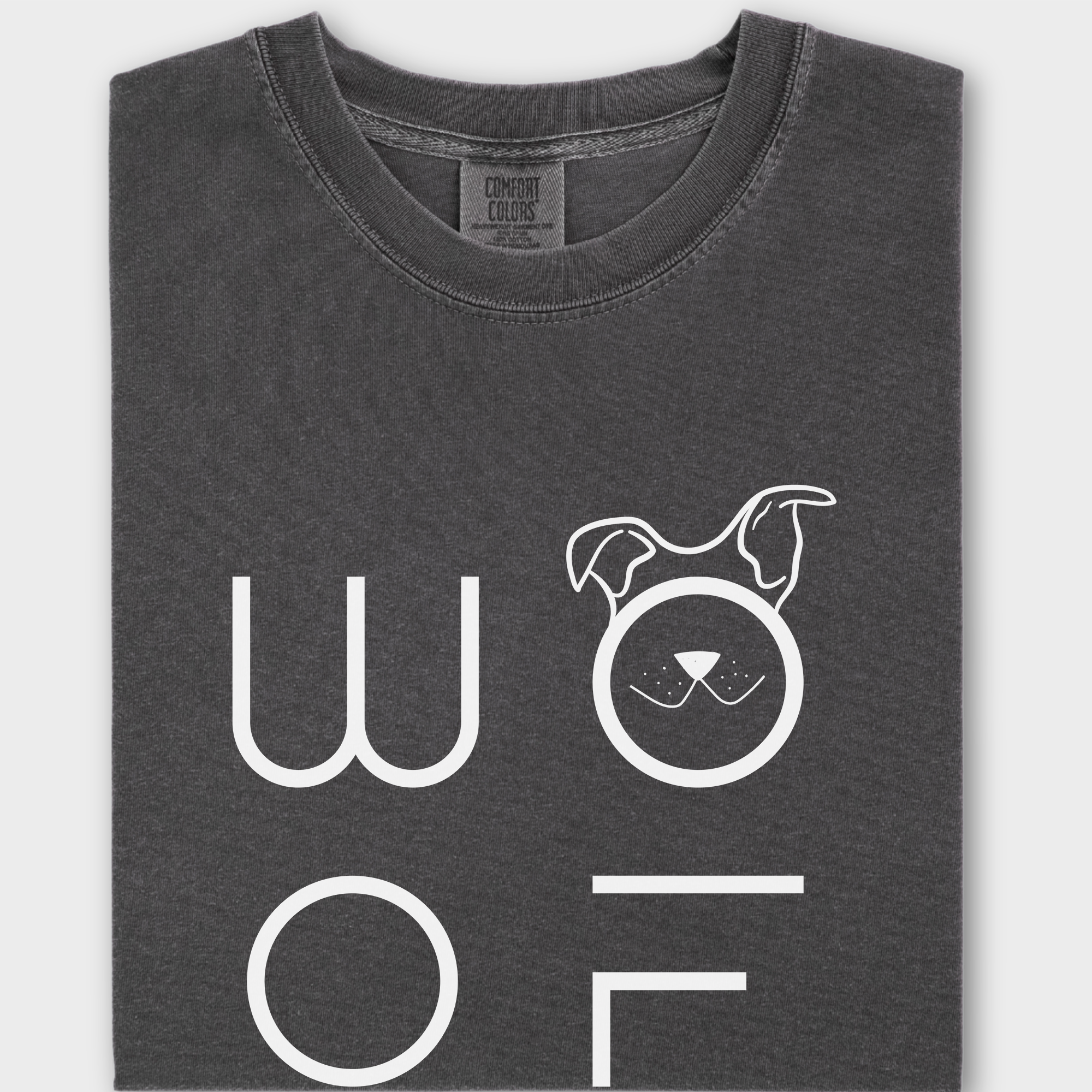 Minimalist WOOF Modern Text Design Dog Text Comfort Colors T-Shirt in Pepper-Fetch N Found