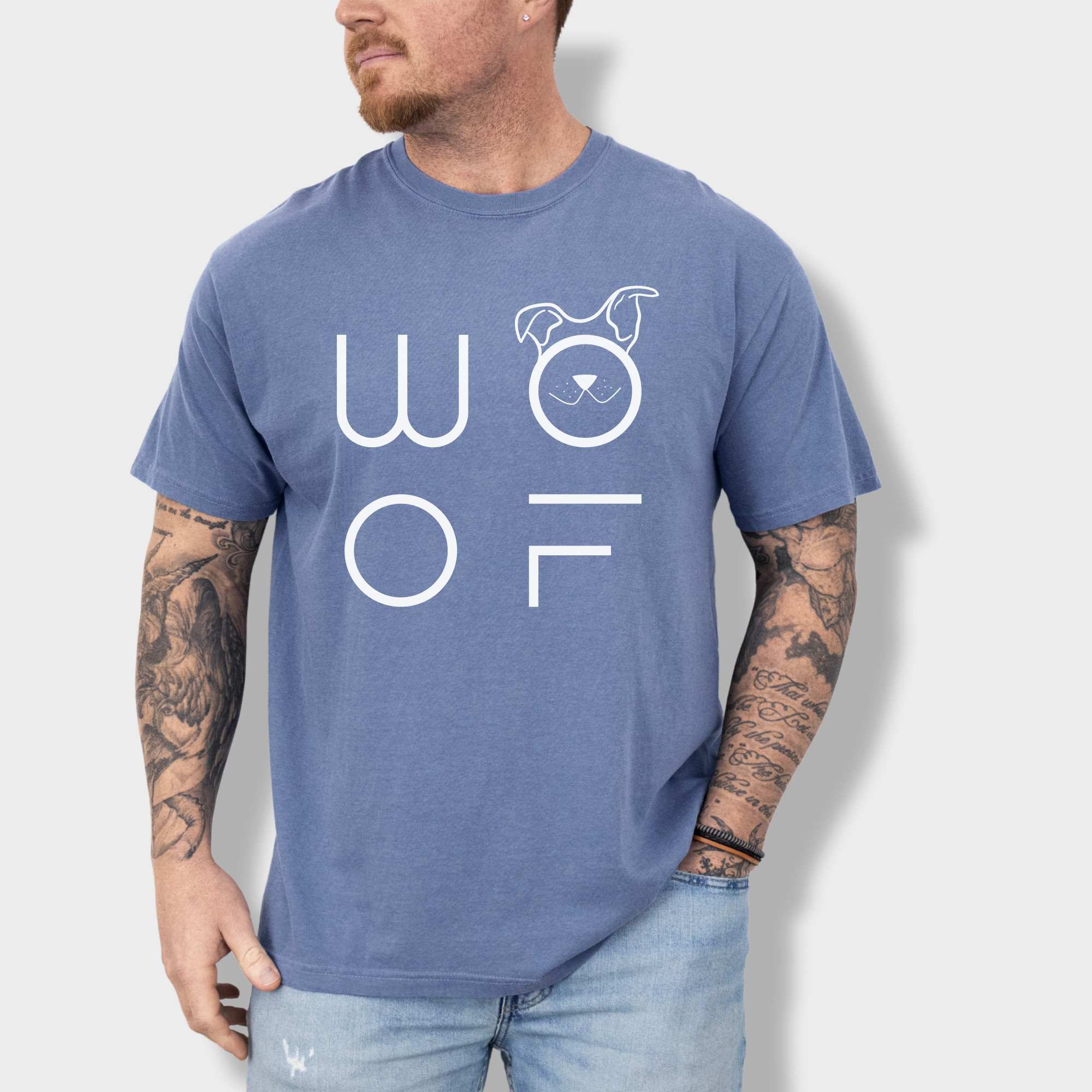 Minimalist WOOF Modern Text Design Dog Text Comfort Colors T-Shirt in Blue Jean-Fetch N Found