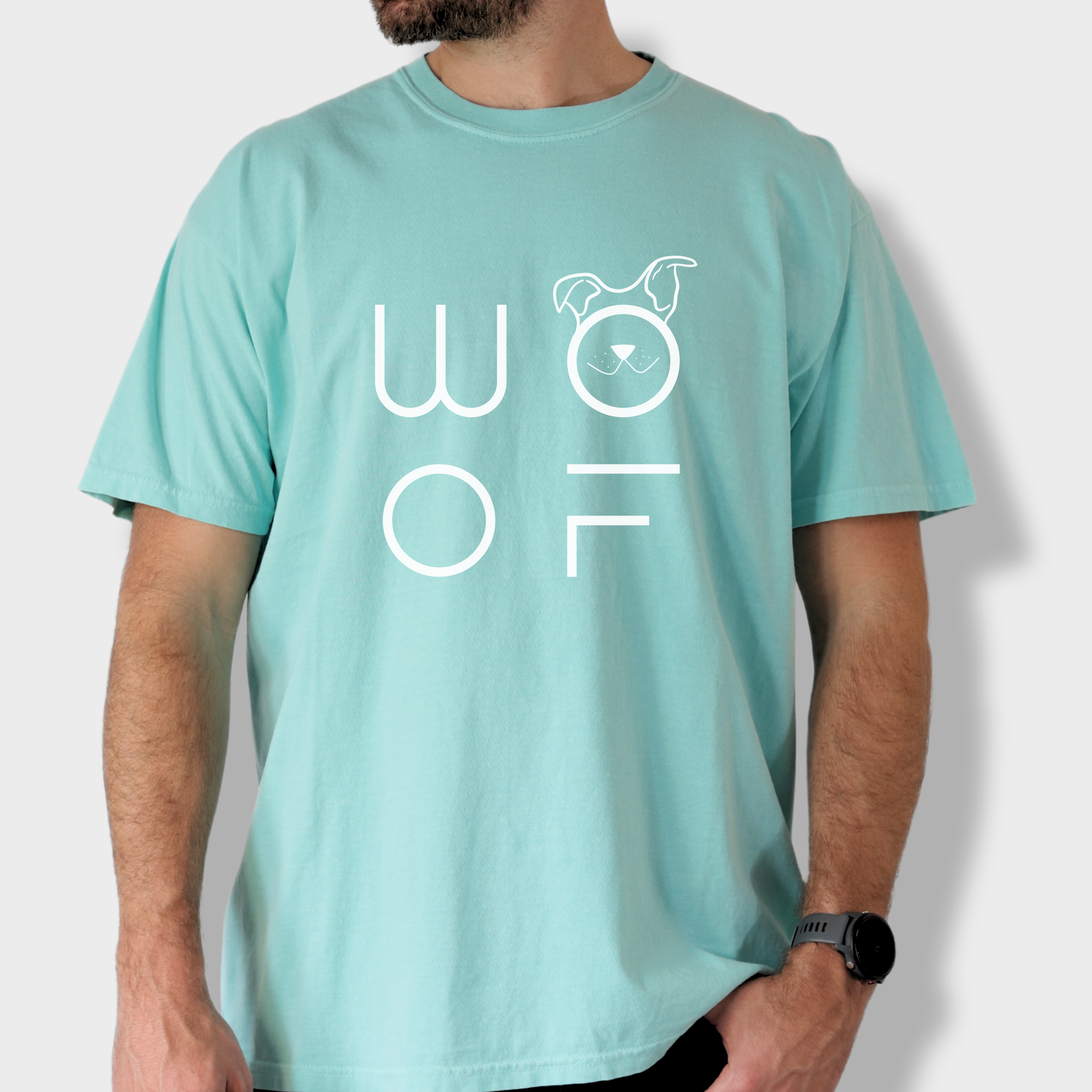 Minimalist WOOF Modern Text Design Dog Text Comfort Colors T-Shirt in Chalky Mint-Fetch N Found