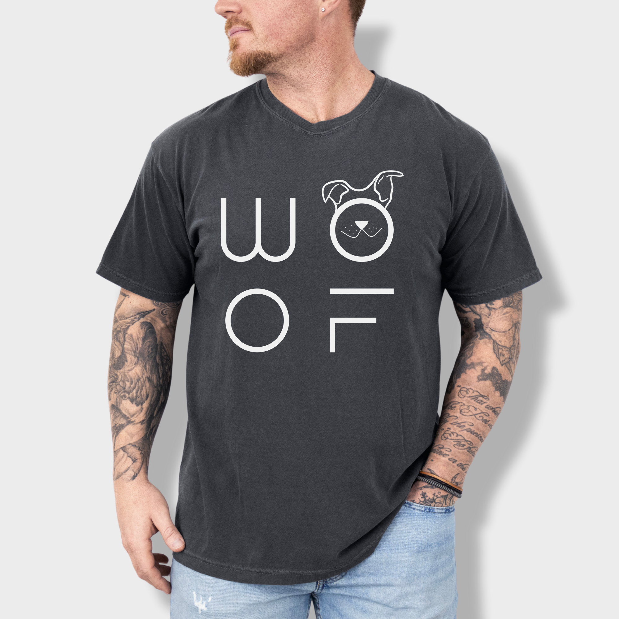 Minimalist WOOF Modern Text Design Dog Text Comfort Colors T-Shirt in Pepper-Fetch N Found